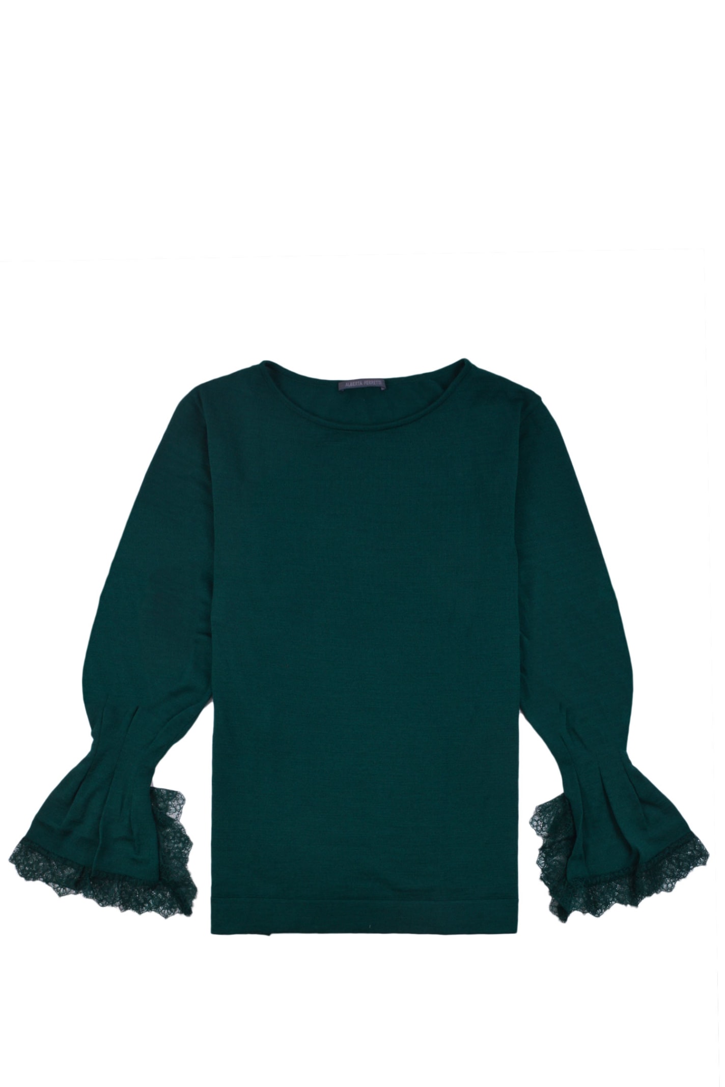Shop Alberta Ferretti Lace Cuffs Round Neck Plain Sweater In Verdone