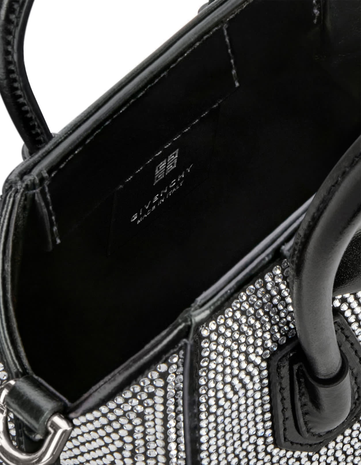 Shop Givenchy Antigona Micro Bag In Black Satin With Rhinestones