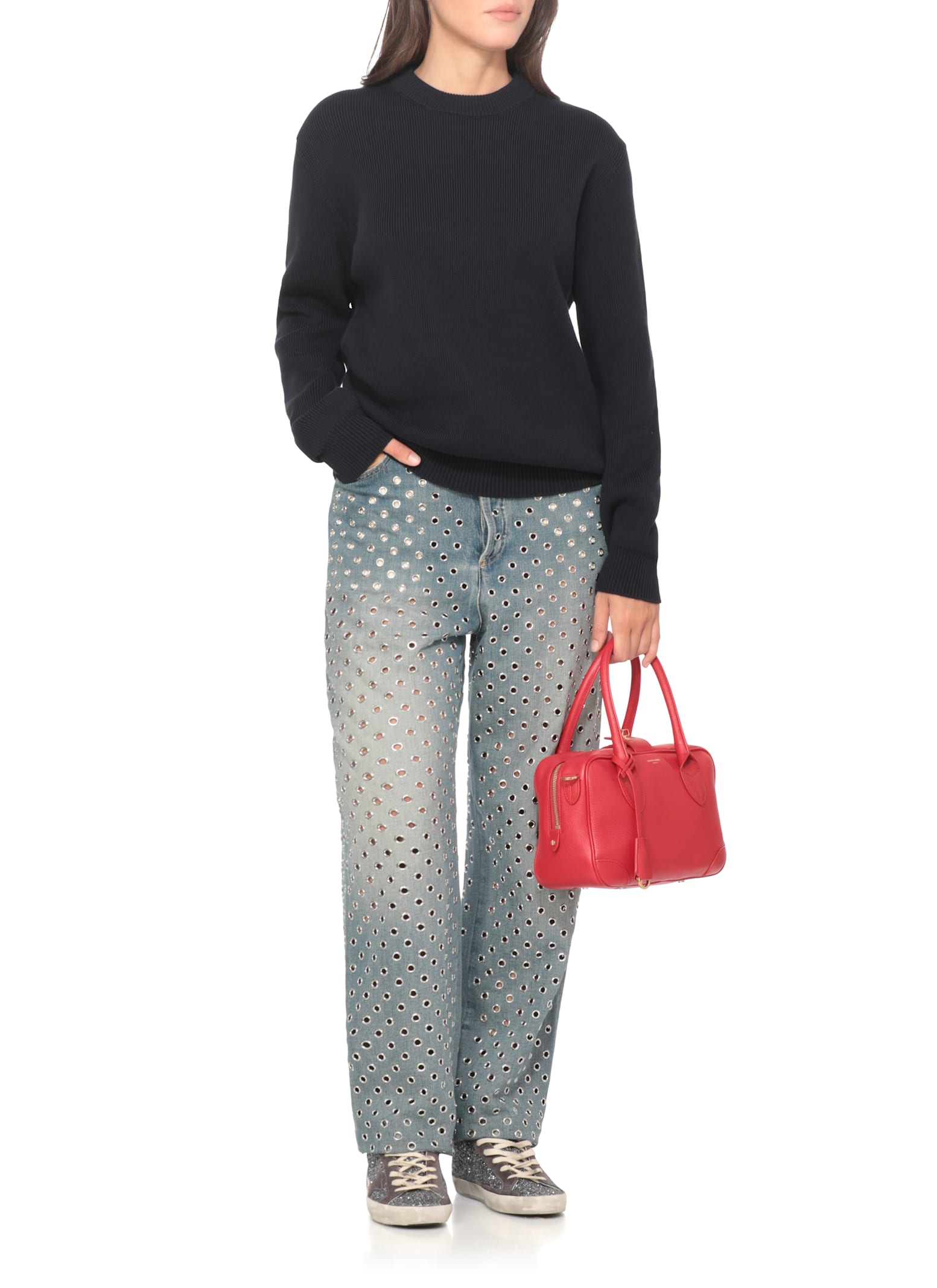Golden Goose Black Merino Wool Sweater With Golden Applications For Women In Blue