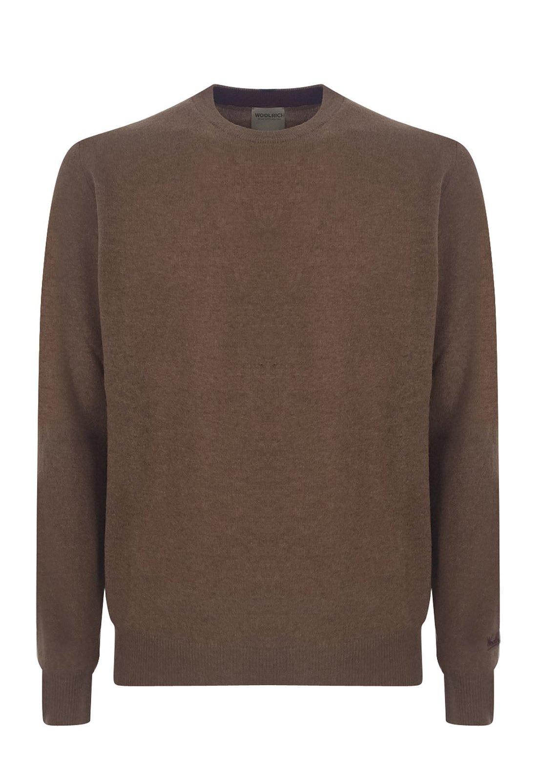 Shop Woolrich Logo Embroidered Crewneck Jumper In Dark Camel