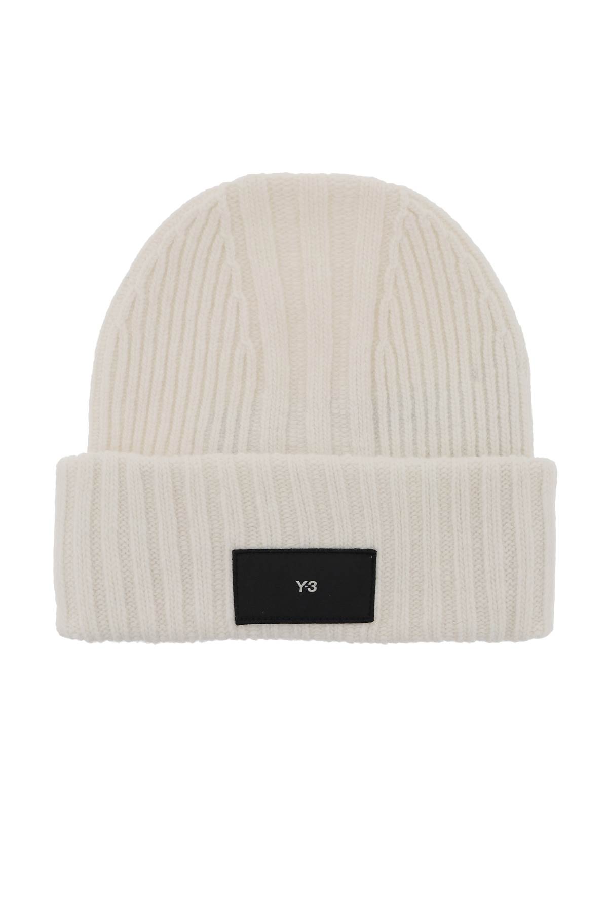 Y-3 Beanie Hat In Ribbed Wool With Logo Patch In Talc (white)