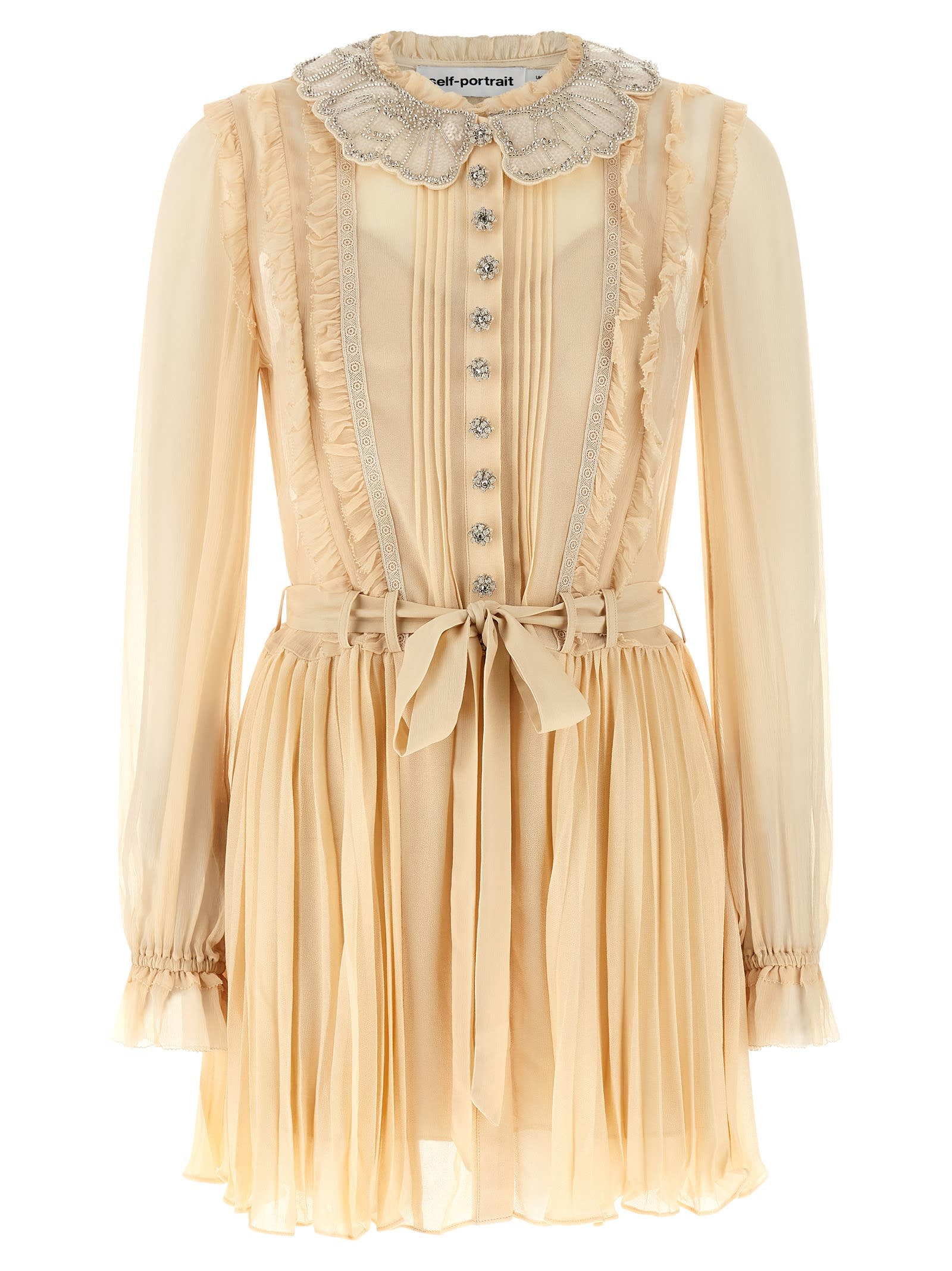 Self-portrait Tan Pleated Georgette Mini Dresses Yellow In Yellow