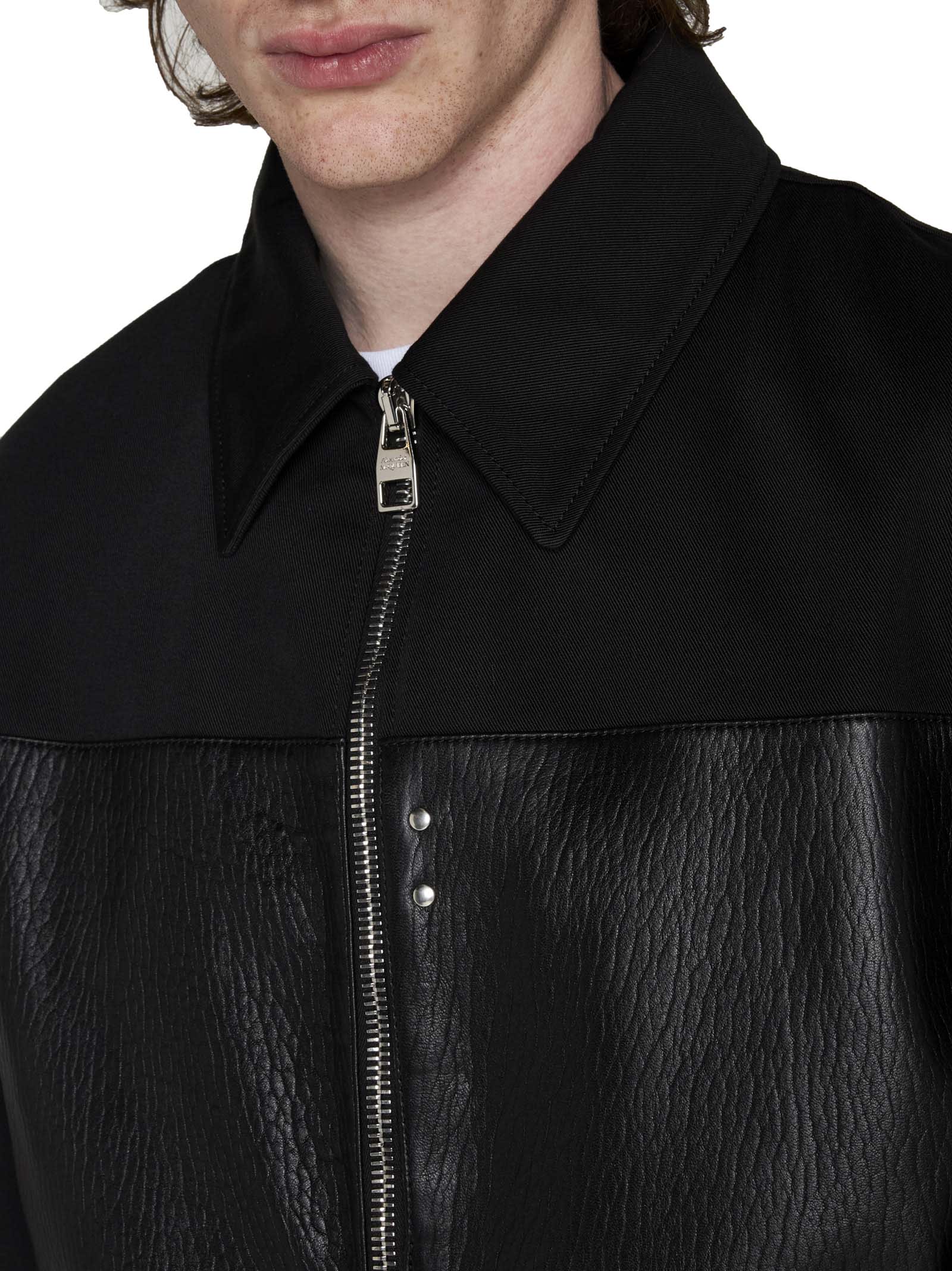 Alexander Mcqueen Leather And Fabric Bomber Jacket In Nero
