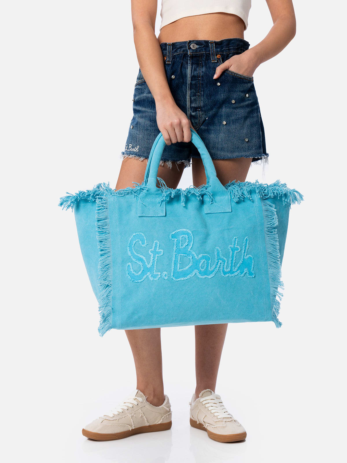 Mc2 Saint Barth Light Blue Cotton Canvas Vanity Tote Bag With Logo Patch In Sky