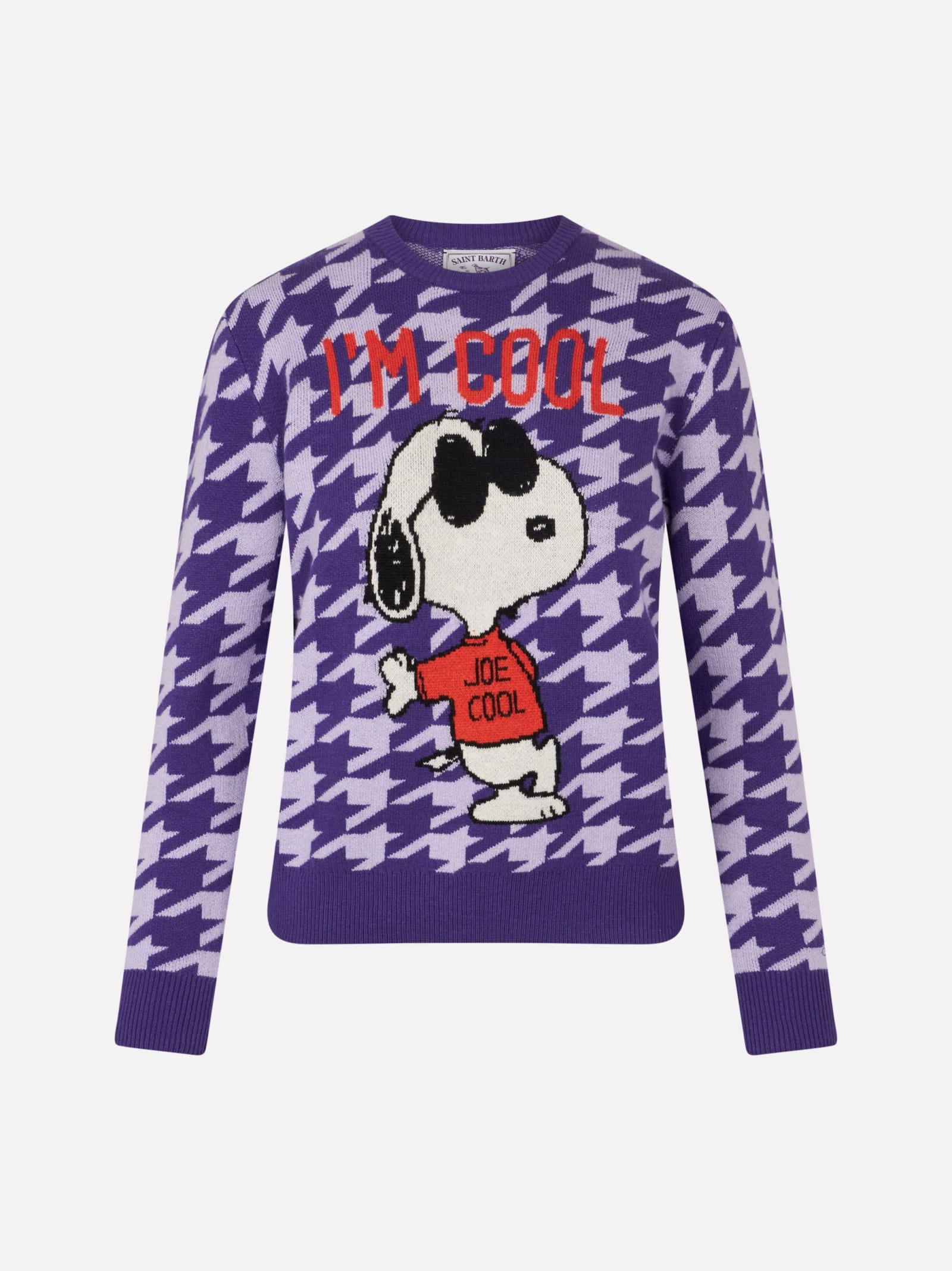 Shop Mc2 Saint Barth Woman Crewneck Pied De Poule Sweater With Snoopy Print Snoopy Peanuts Special Edition In Pink