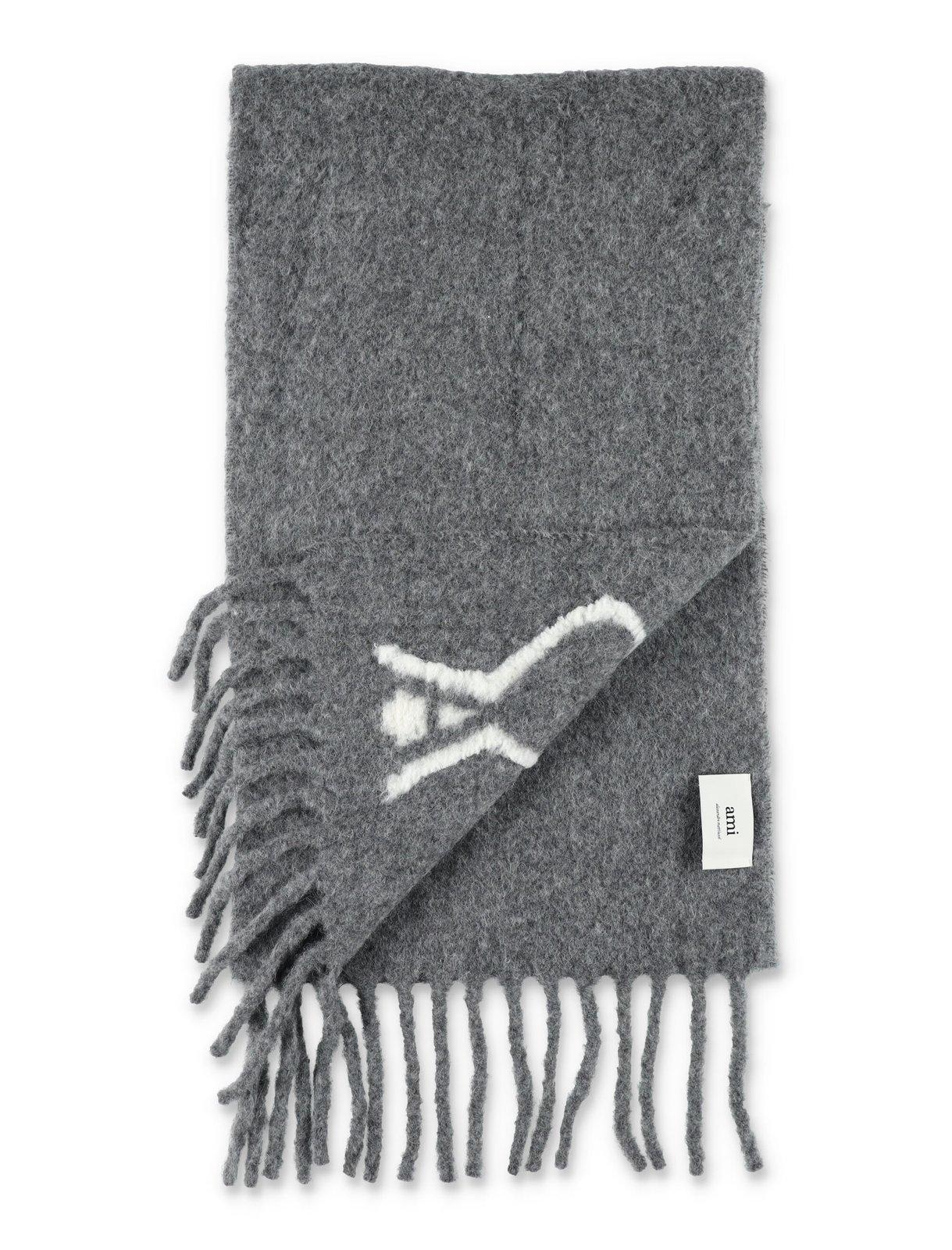 Shop Ami Alexandre Mattiussi Paris Logo Detailed Fringed Scarf In Gris Fonce