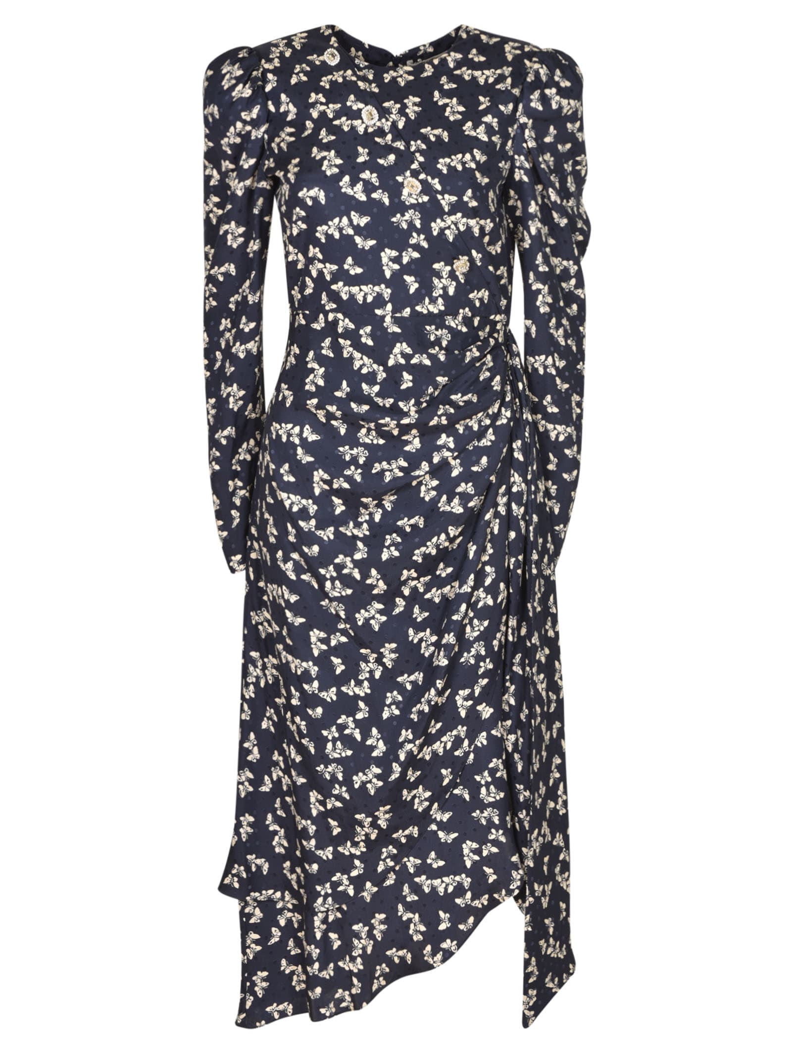 Alessandra Rich Draped Button-embellished Printed Silk-jacquard Midi Dress In Navy Blue