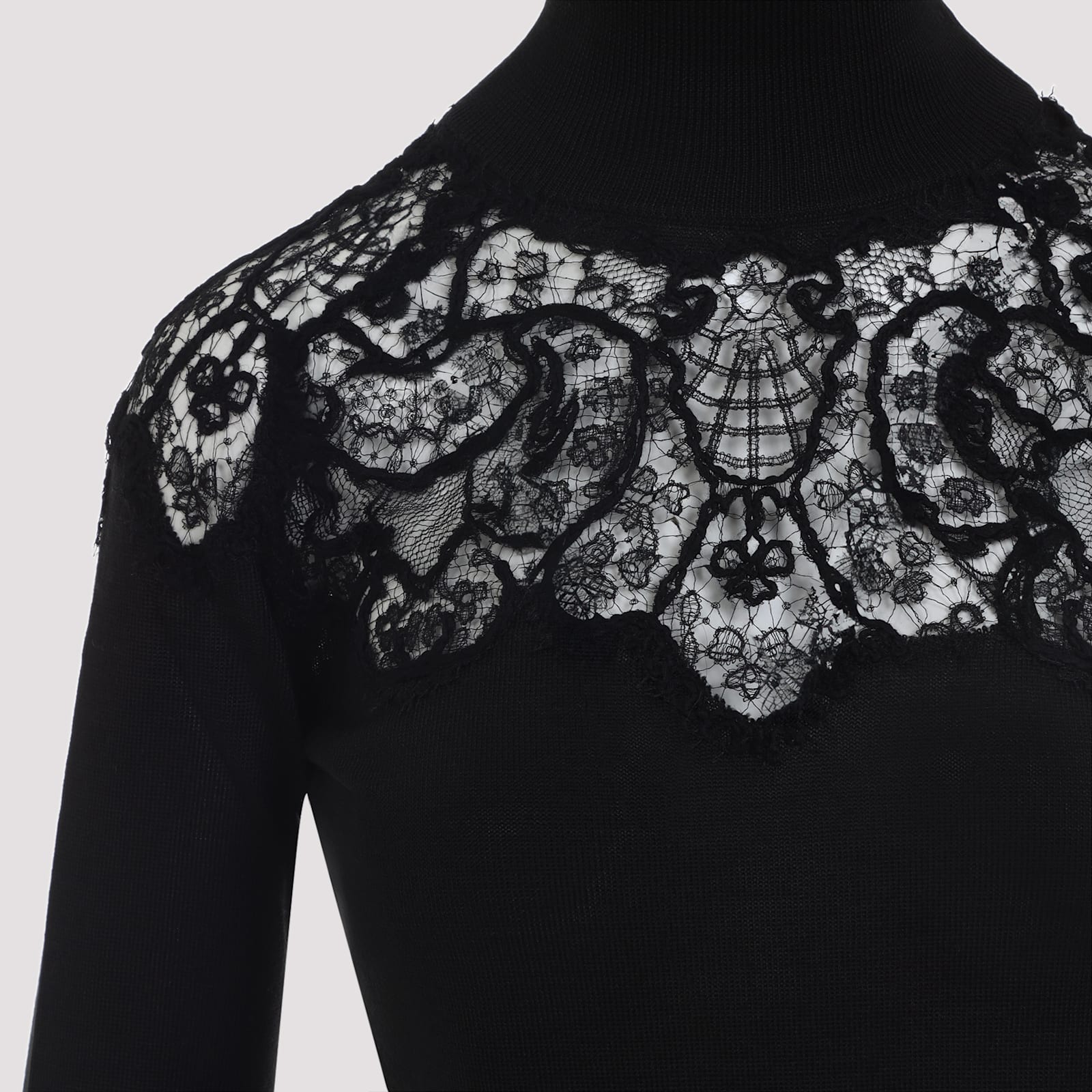 Ermanno Scervino Sheer Turtleneck Lace Sweater With Long Sleeves In Black