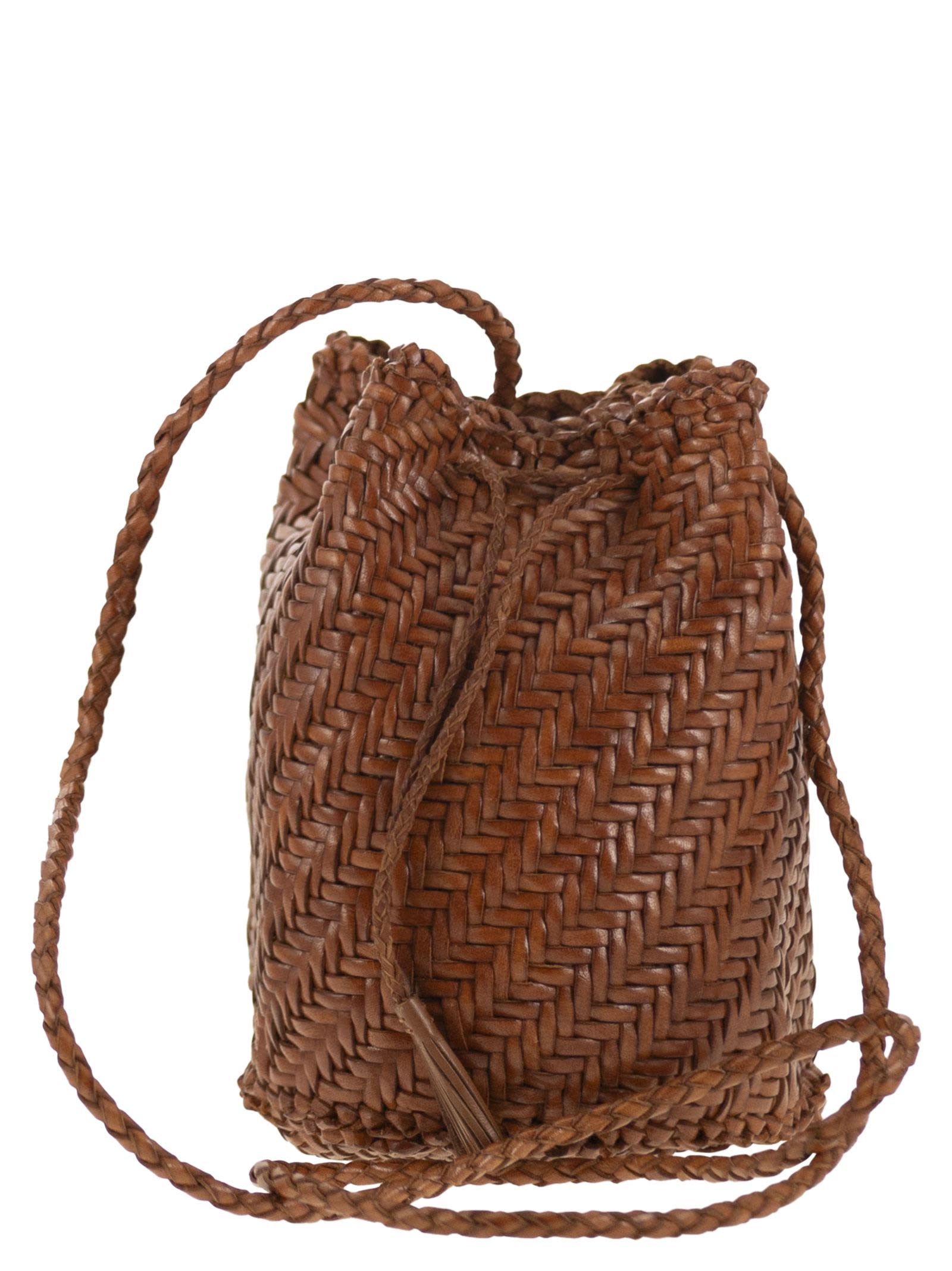 Dragon Diffusion Pompom Double Jump - Bucket Bag With Woven Leather In Brown