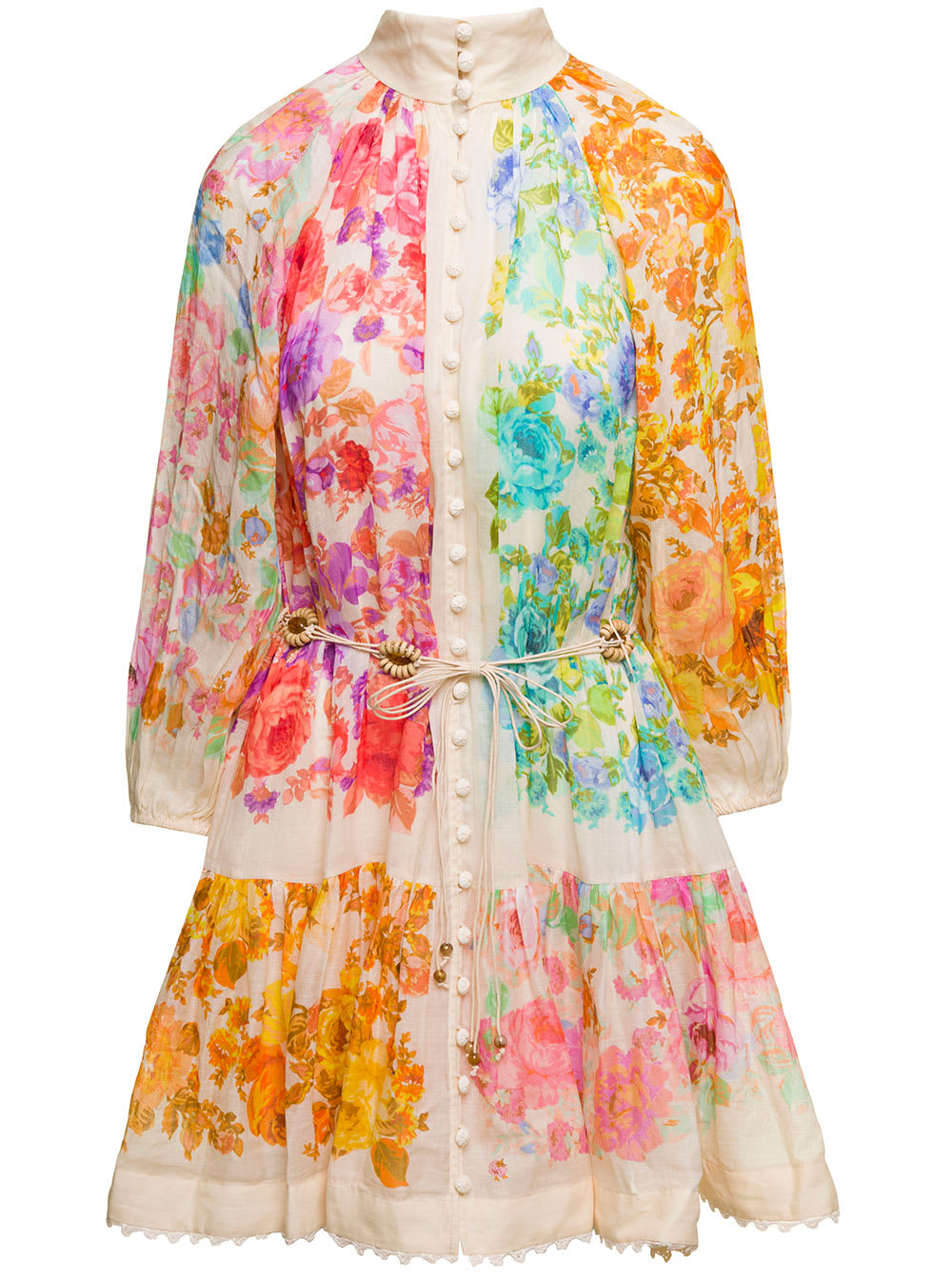 Shop Zimmermann Raie Lantern Mini Multicolor Dress With Floreal Print And Covered Buttons In Ramiè Woman