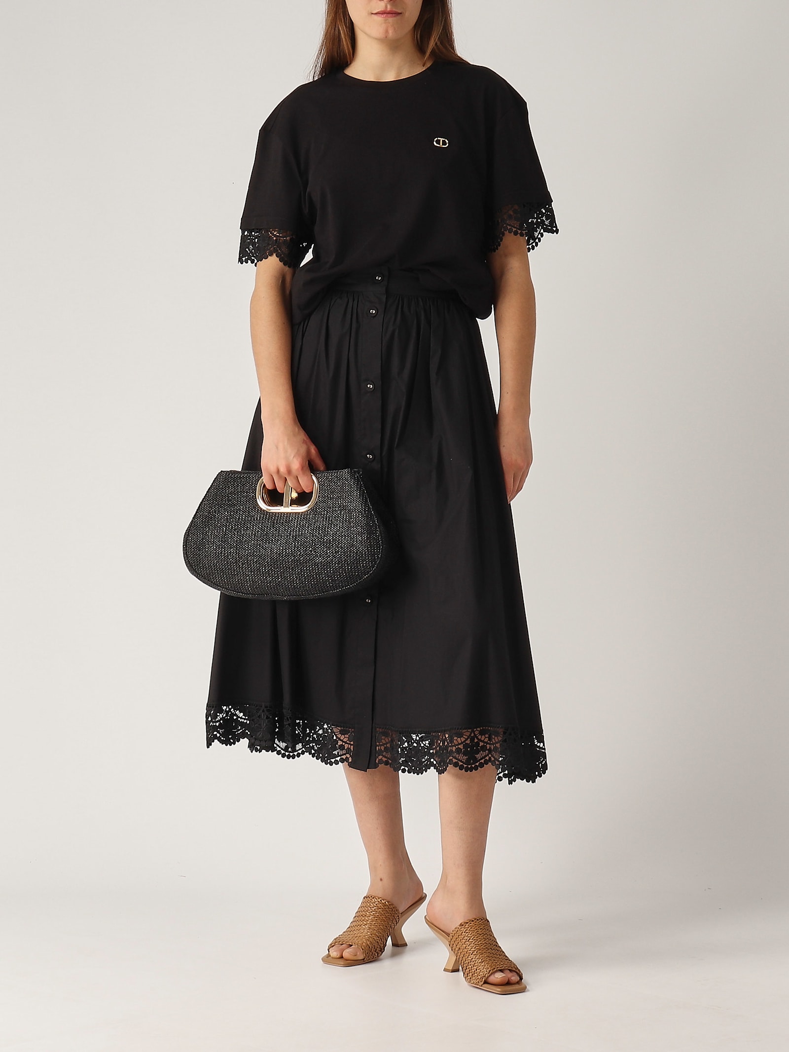 Twinset Cotton Midi Skirt In Black With Buttons Fastening In Nero