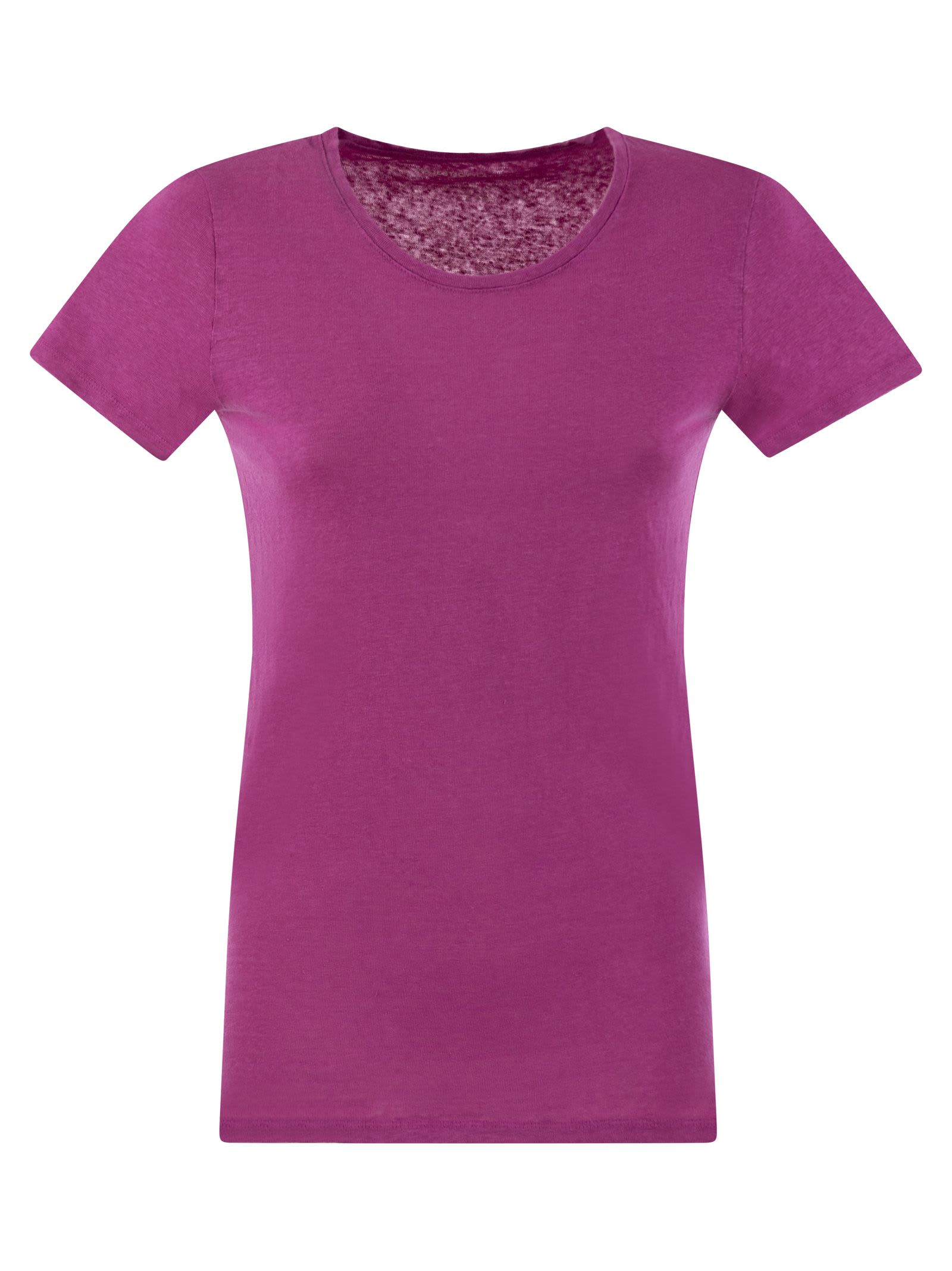 Shop Majestic Crew-neck T-shirt In Linen And Short Sleeve In Fuchsia