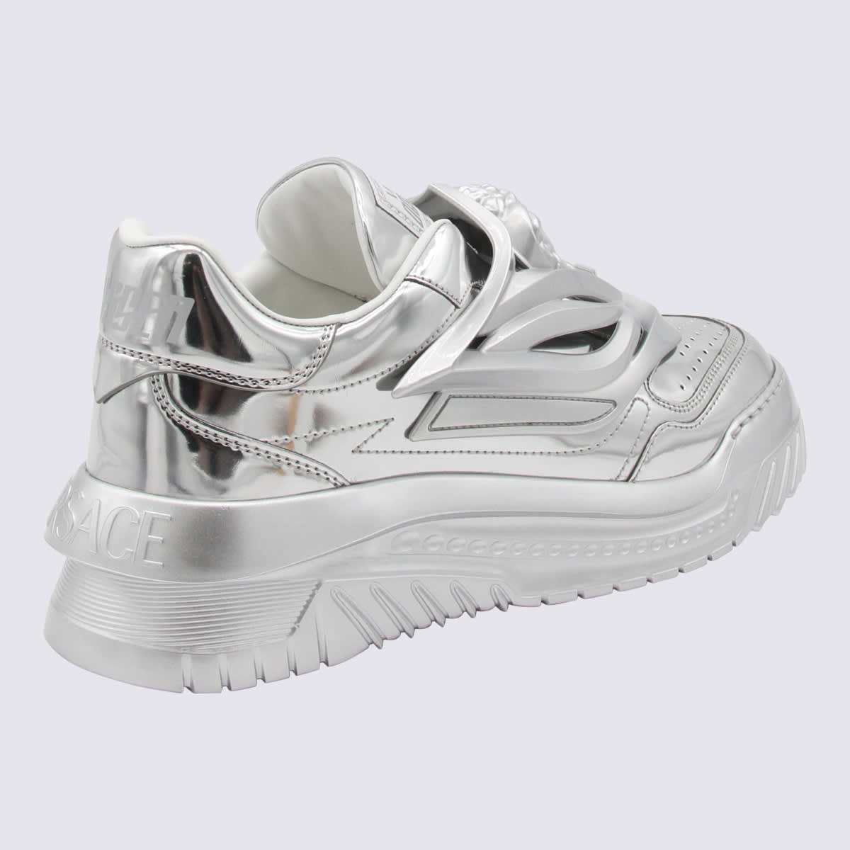 Silver Tone Leather Medusa Laminate Low Top Sneakers