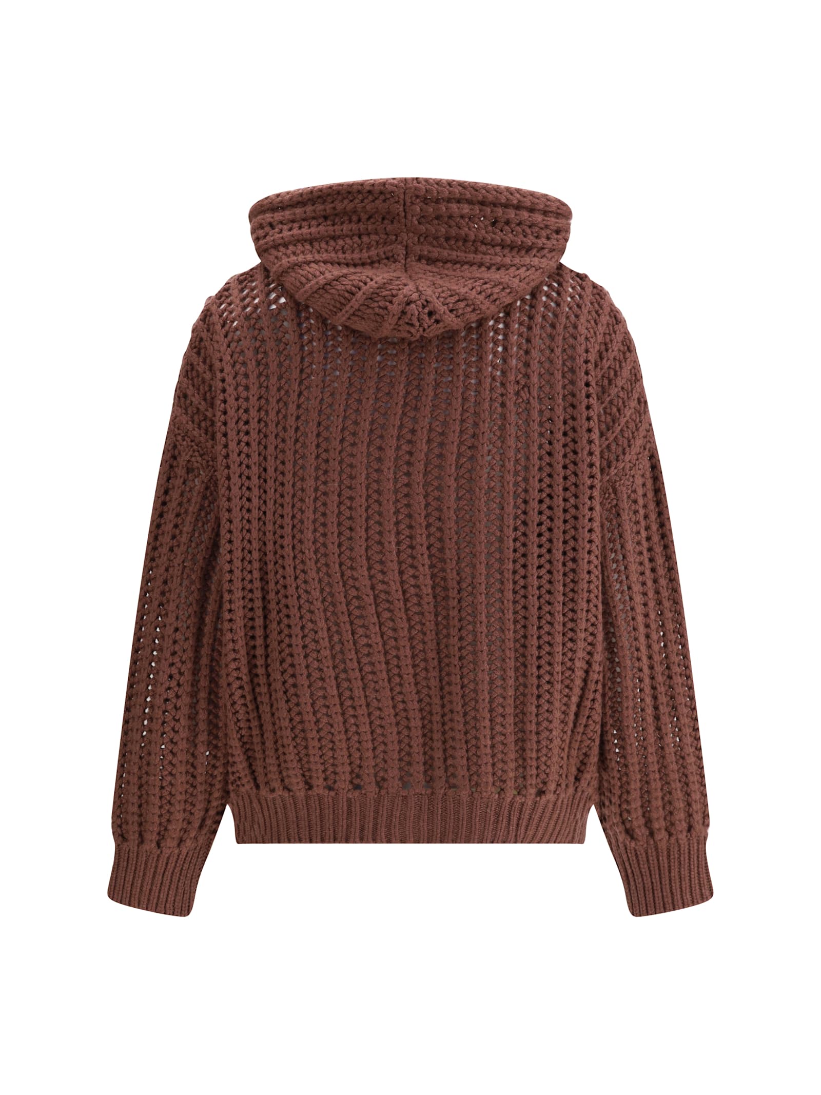 Brunello Cucinelli Women Balloon Net Embroidery Cardigan In Cashmere With A Hood In Brown