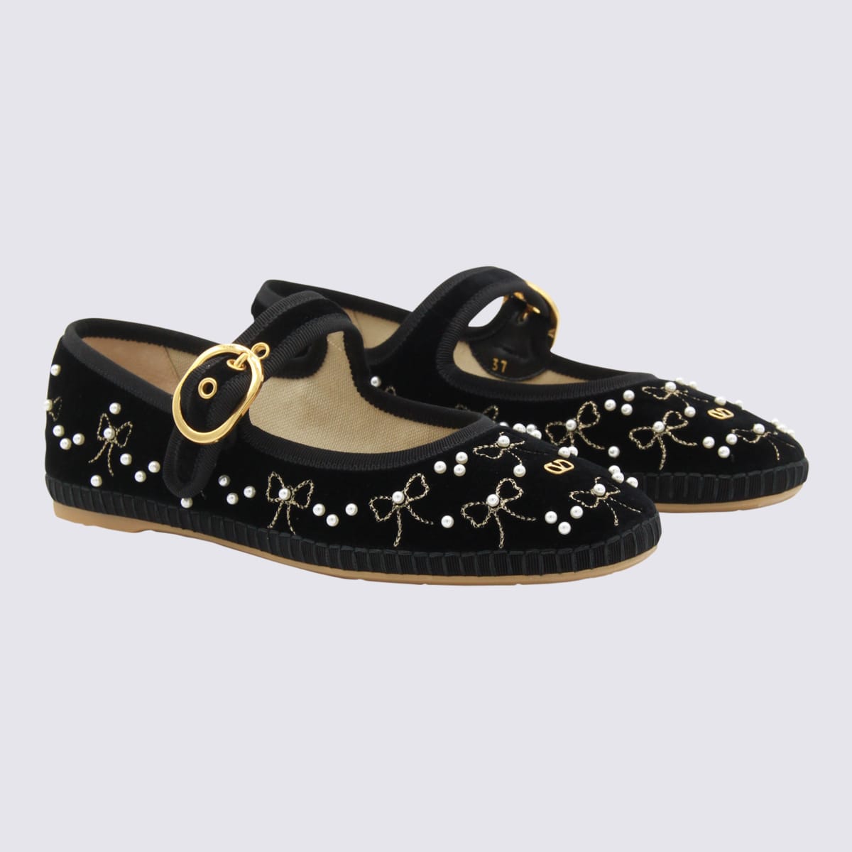 Valentino Endouce Embellished Grosgrain-trimmed Velvet Mary Jane Ballet Flats In Black