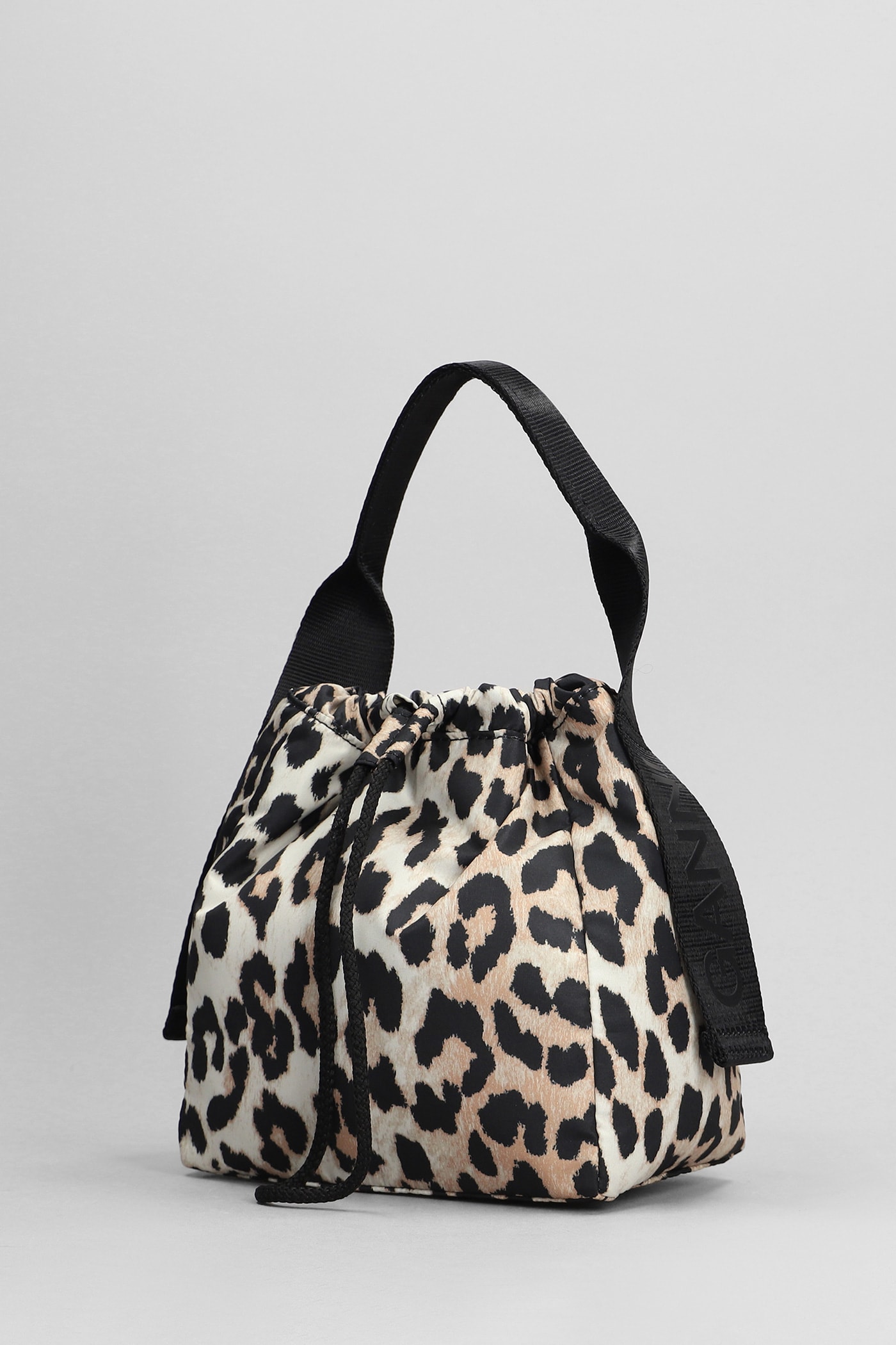 Ganni Drawstring Top Animalier Bucket Bag In Leopard