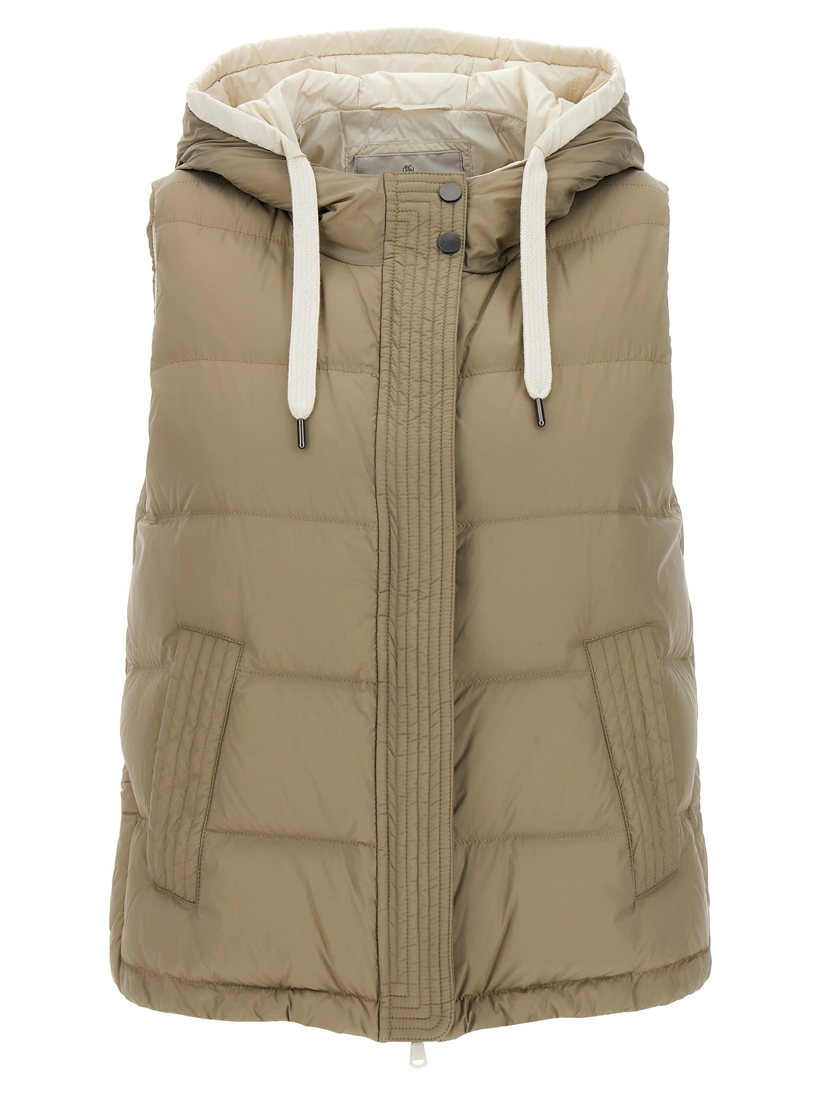 Brunello Cucinelli Goose Feather Padded Vest With Hood In Beige