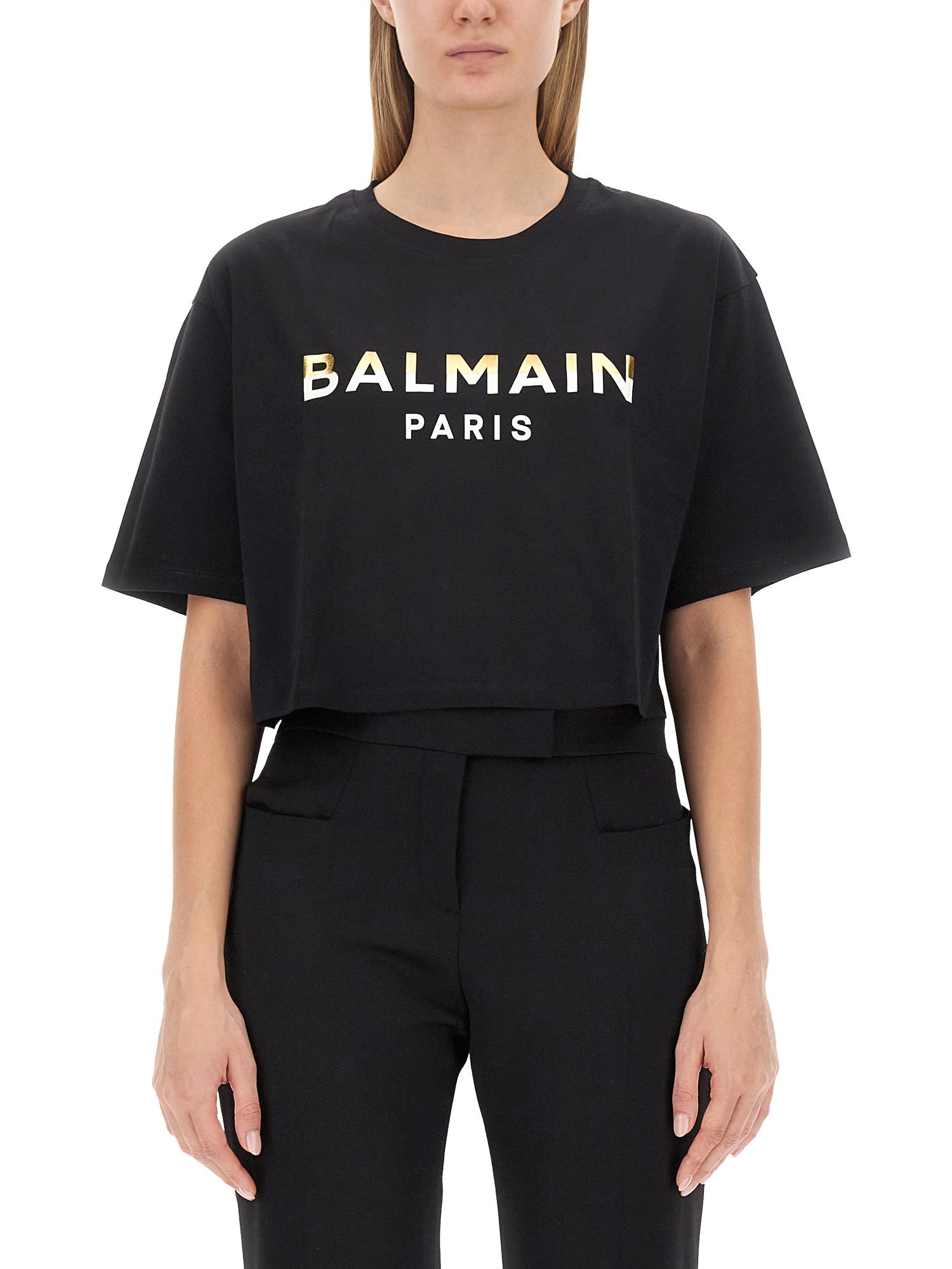 Shop Balmain Logo Print T-shirt In Noir/or/crème