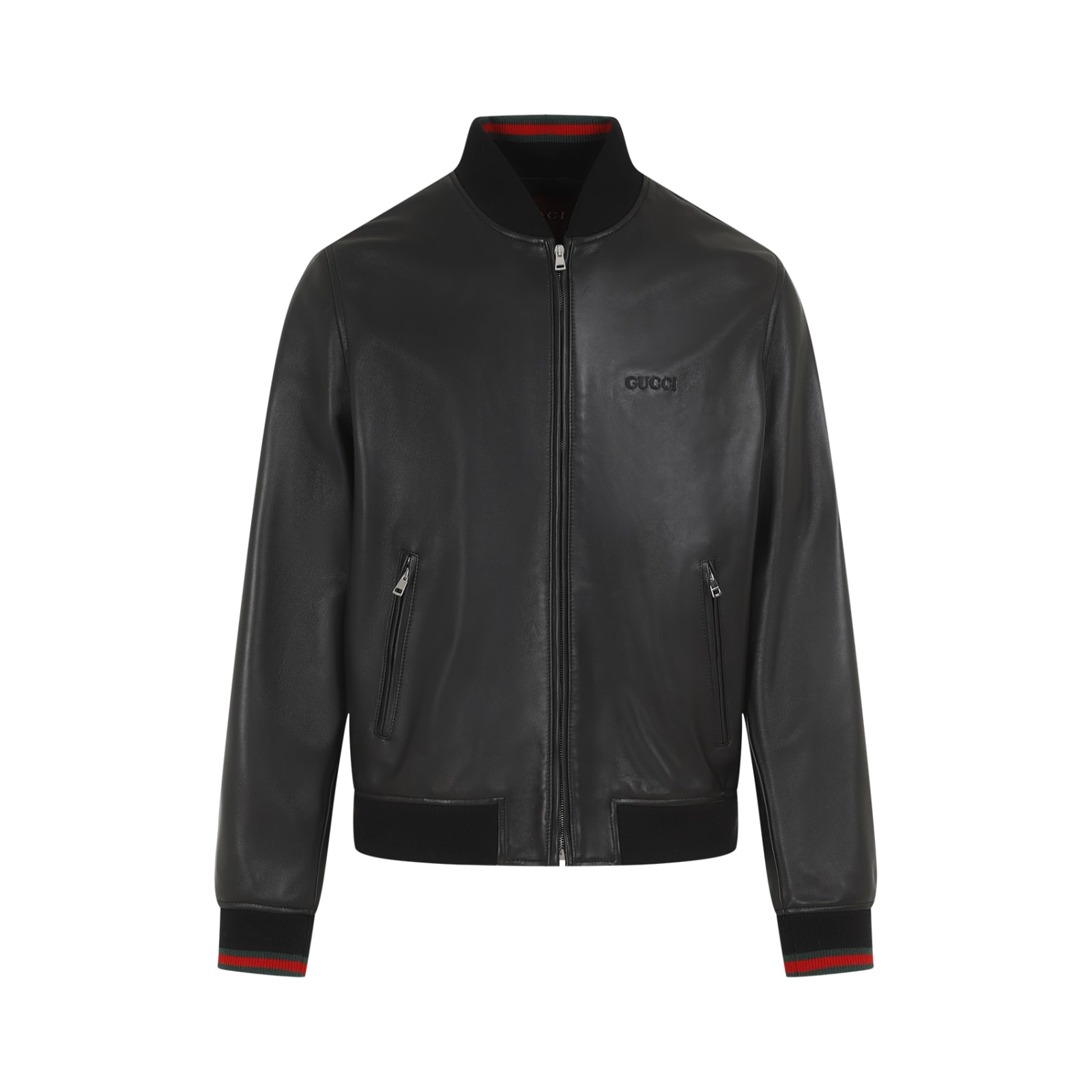 Gucci Black Bomber Jacket With Front Logo In Nappa Leather And Mesh Man In Black Green Red