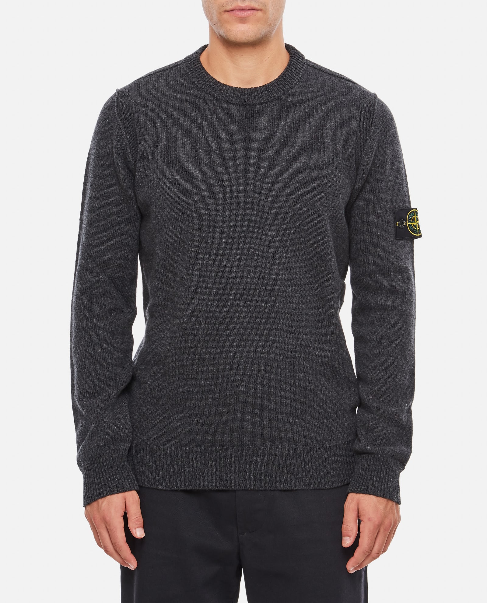 Shop Stone Island Wool Crewneck With Logo Sweater In Melange Charcoal