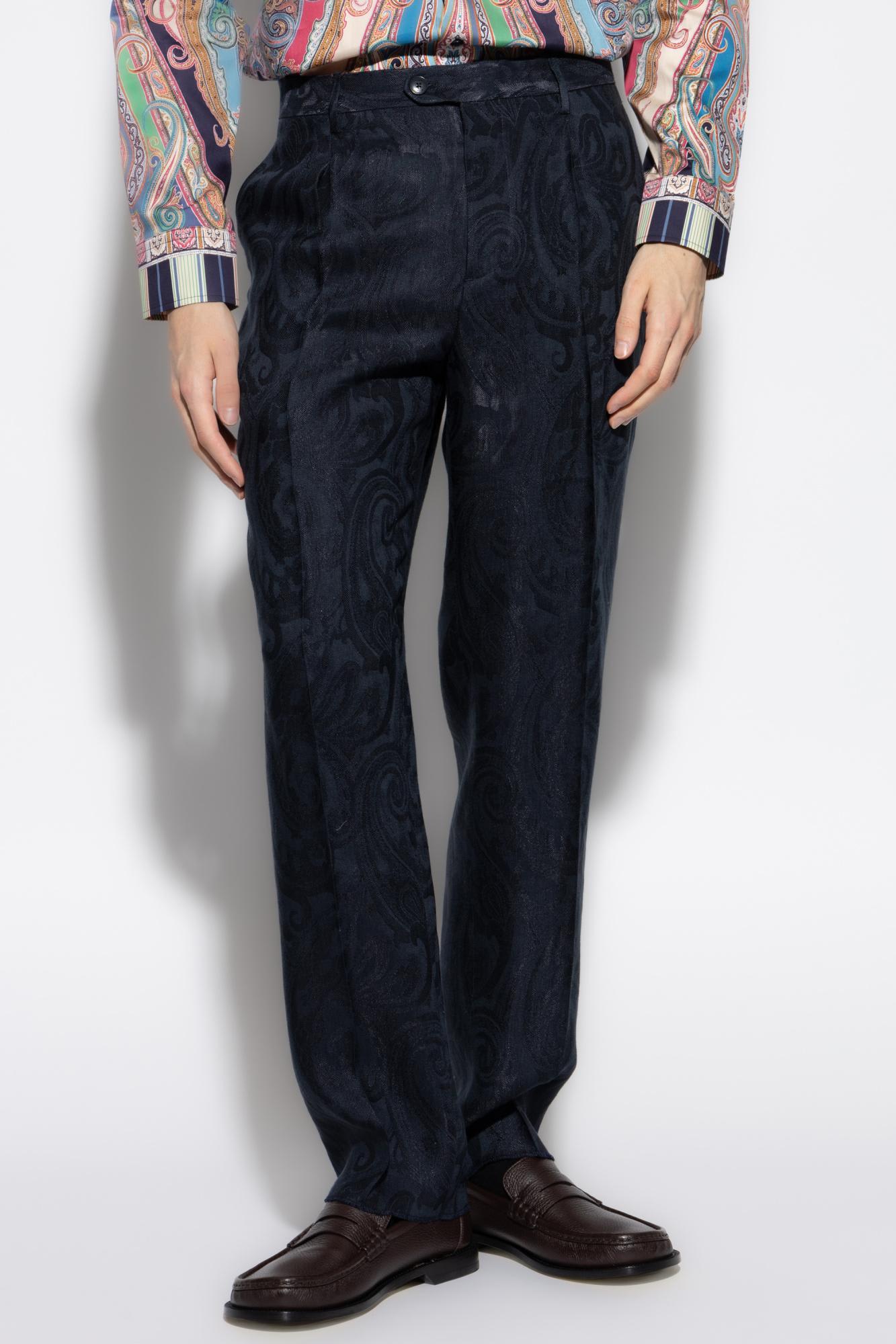 Etro Paisley Linen Blend Pants In Blue