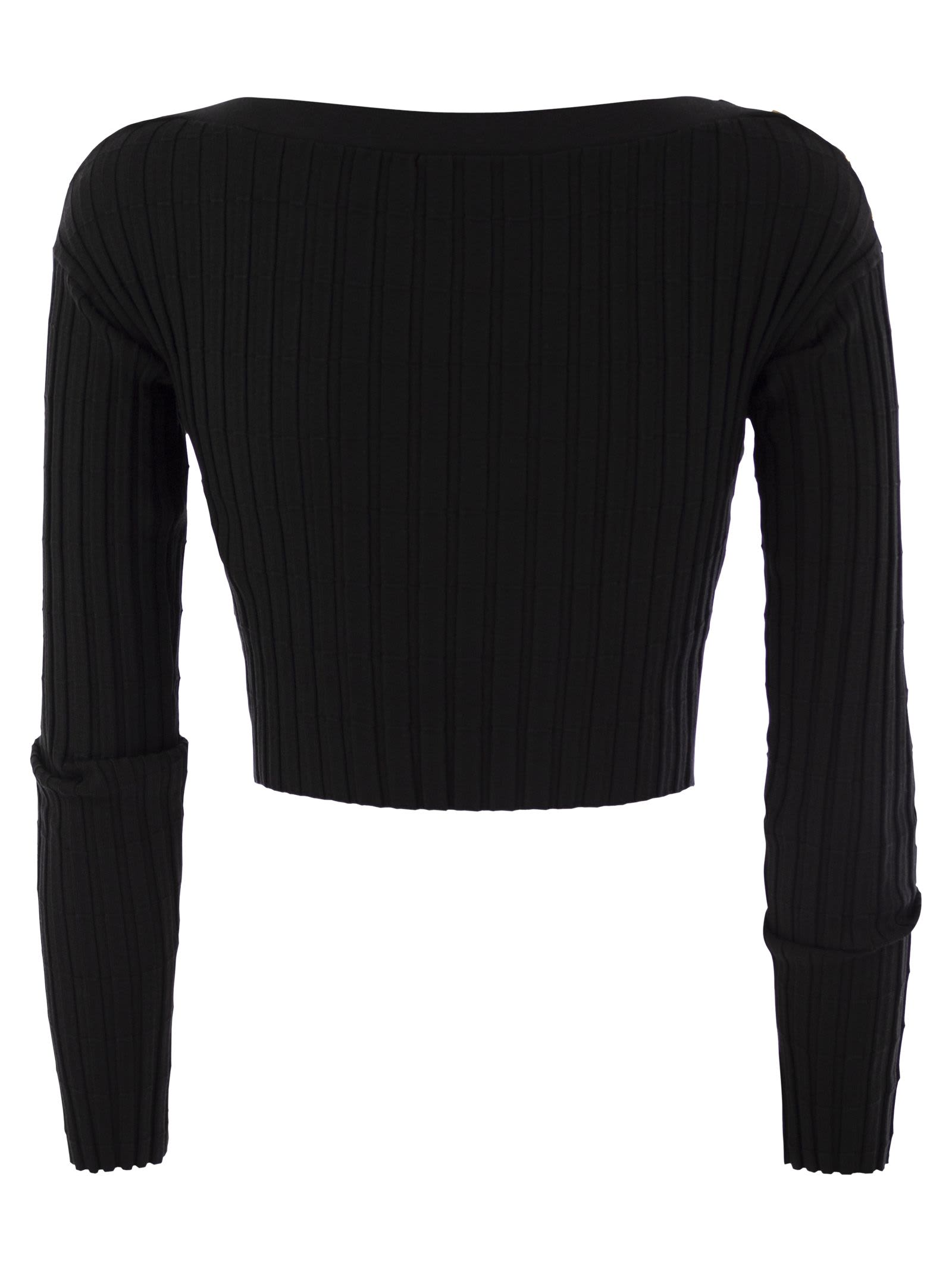 Shop Elisabetta Franchi Ribbed Viscose Cropped Sweater With Button Placket In Black