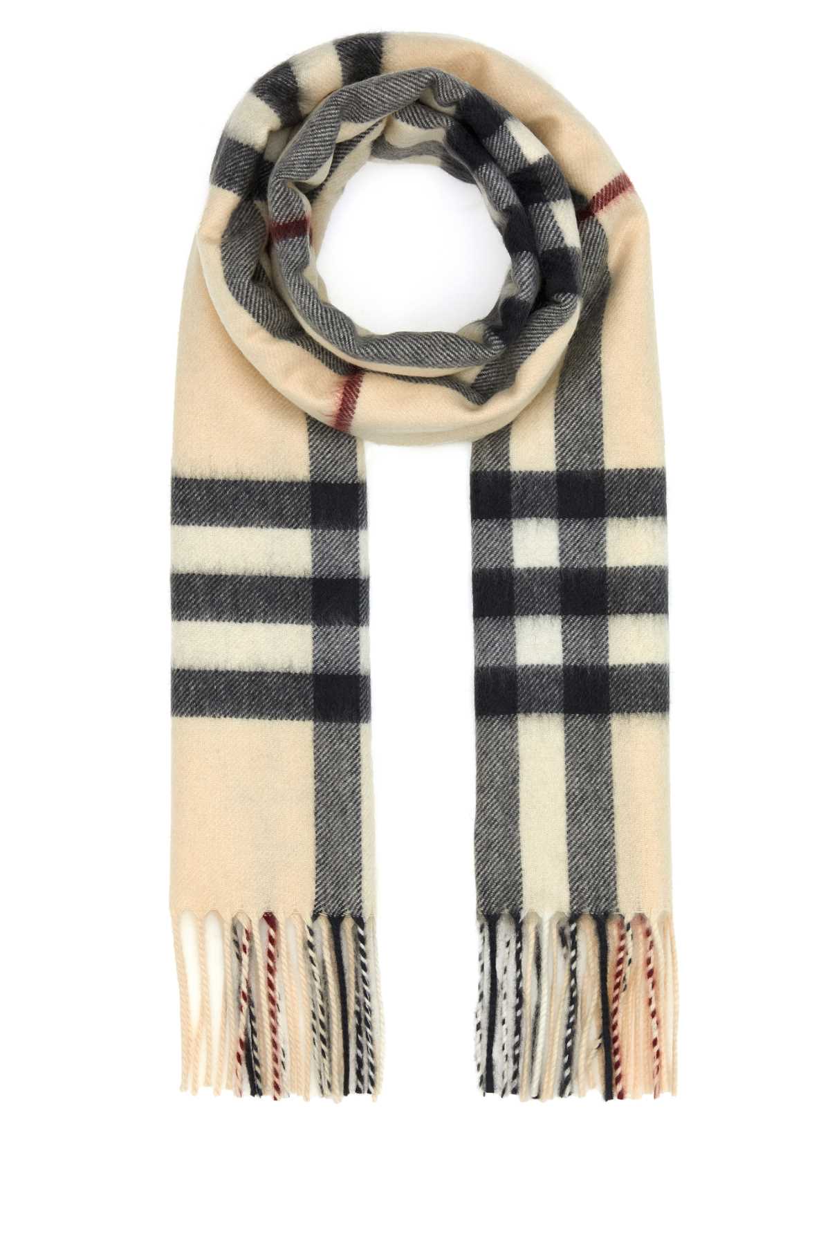Burberry Long Fringed Cashmere Checked Scarf In White