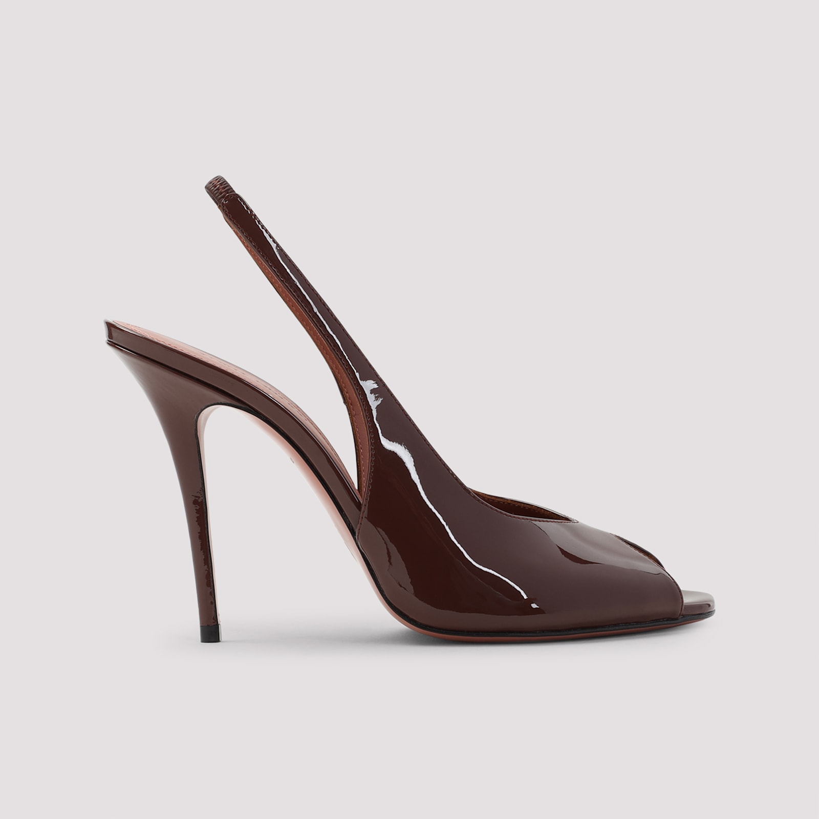 Amina Muaddi Open-toe Brown Patent Leather Stiletto Pumps In Chocolate