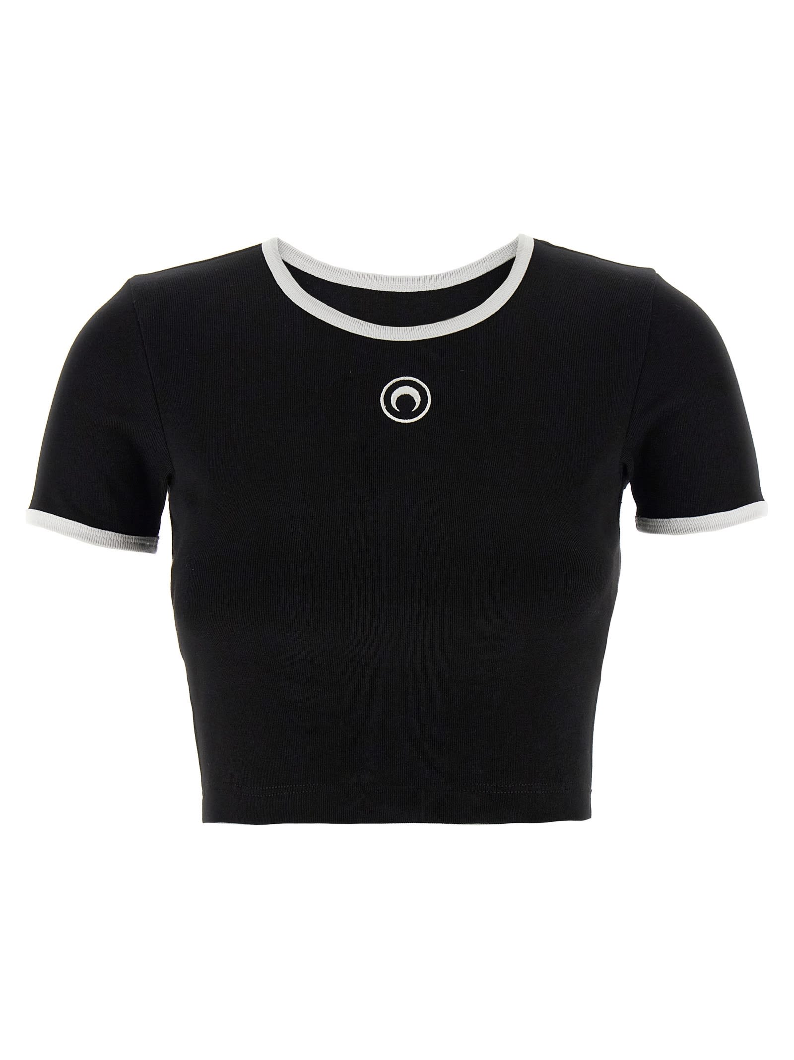 Marine Serre Women Black Cropped Crewneck T-shirt With Logo Embroidery On The Front In Cotton Woman In Black