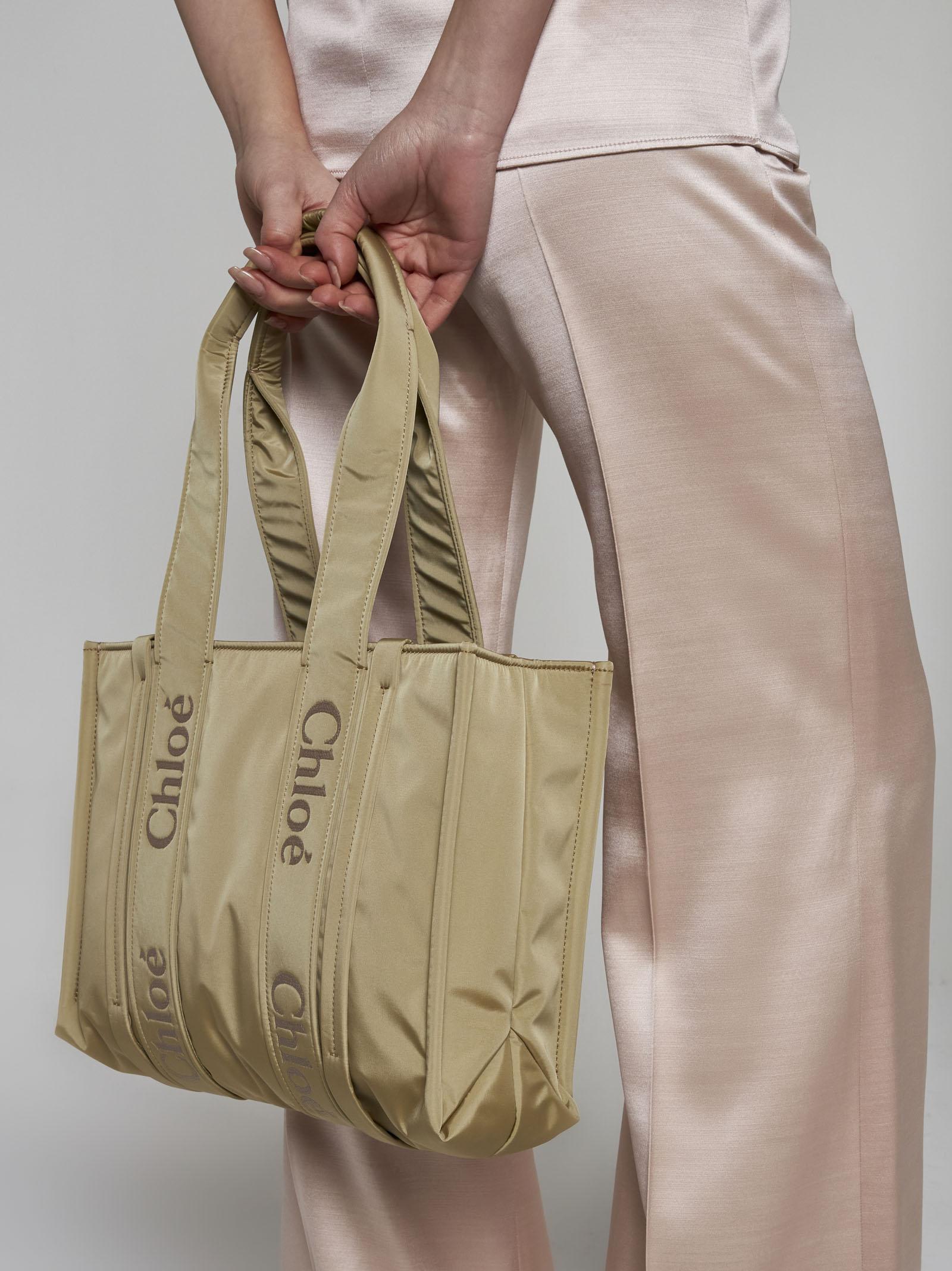 Shop Chloé Woody Medium Leather Nylon Bag In Verde