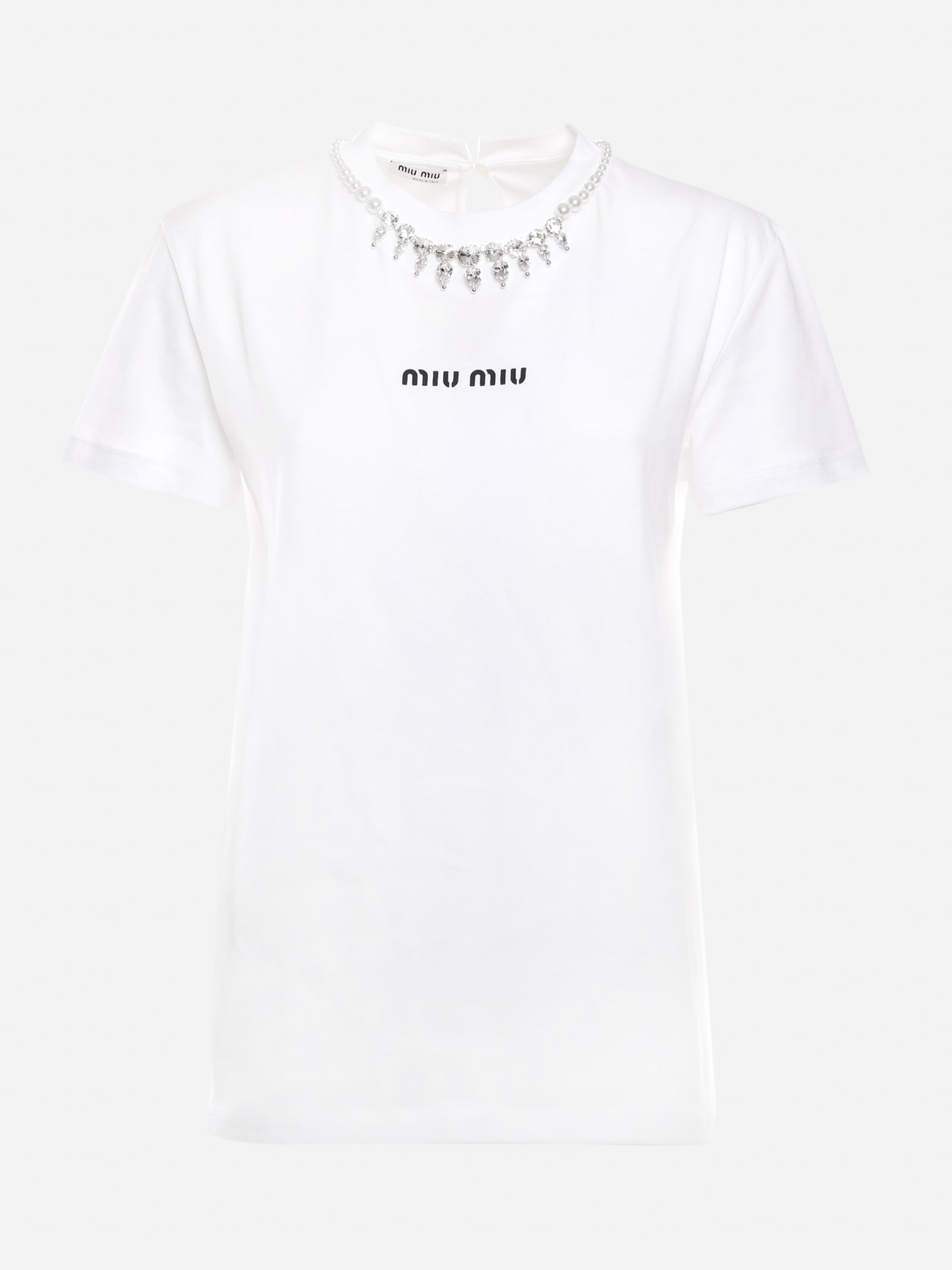 Miu Miu Cotton T-shirt With Crystal And Pearl Decoration