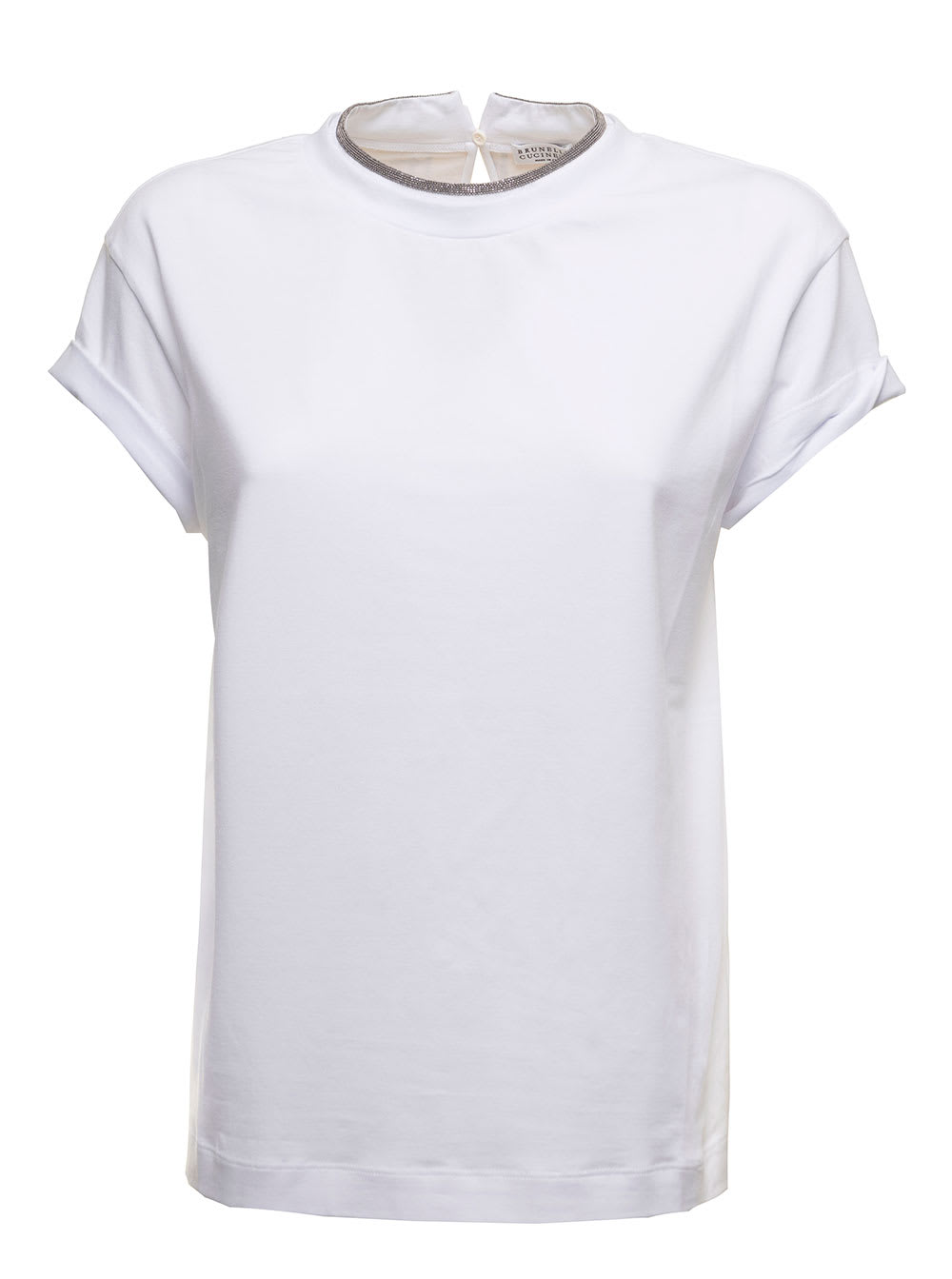 Brunello Cucinelli Womans White Cotton T-shirt With Monile Crew Neck