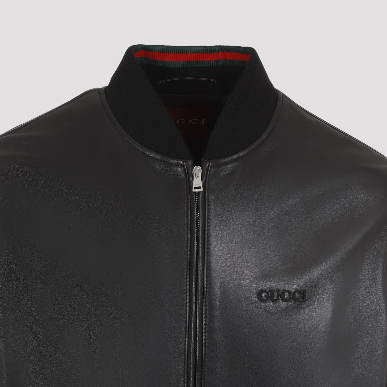 Gucci Black Bomber Jacket With Front Logo In Nappa Leather And Mesh Man In Black Green Red