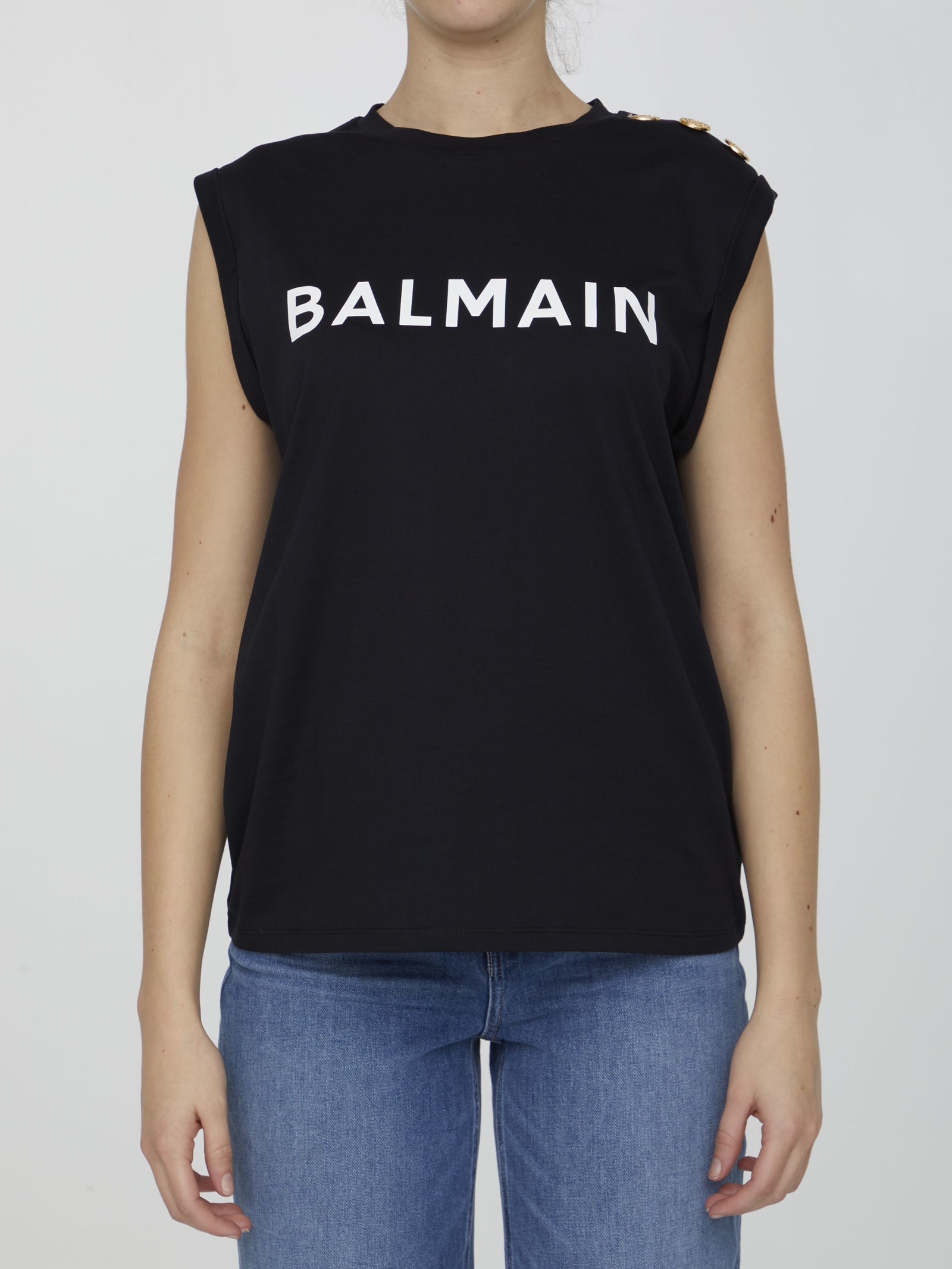 Shop Balmain Black Top With Logo In Black/white