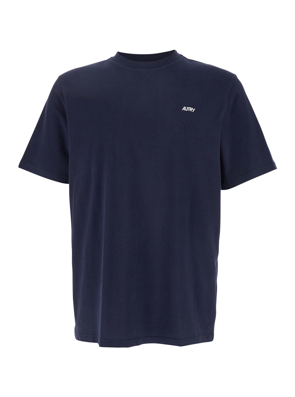 Blue Round Neck T-shirt With Logo Embroidered On The Front In Cotton Man