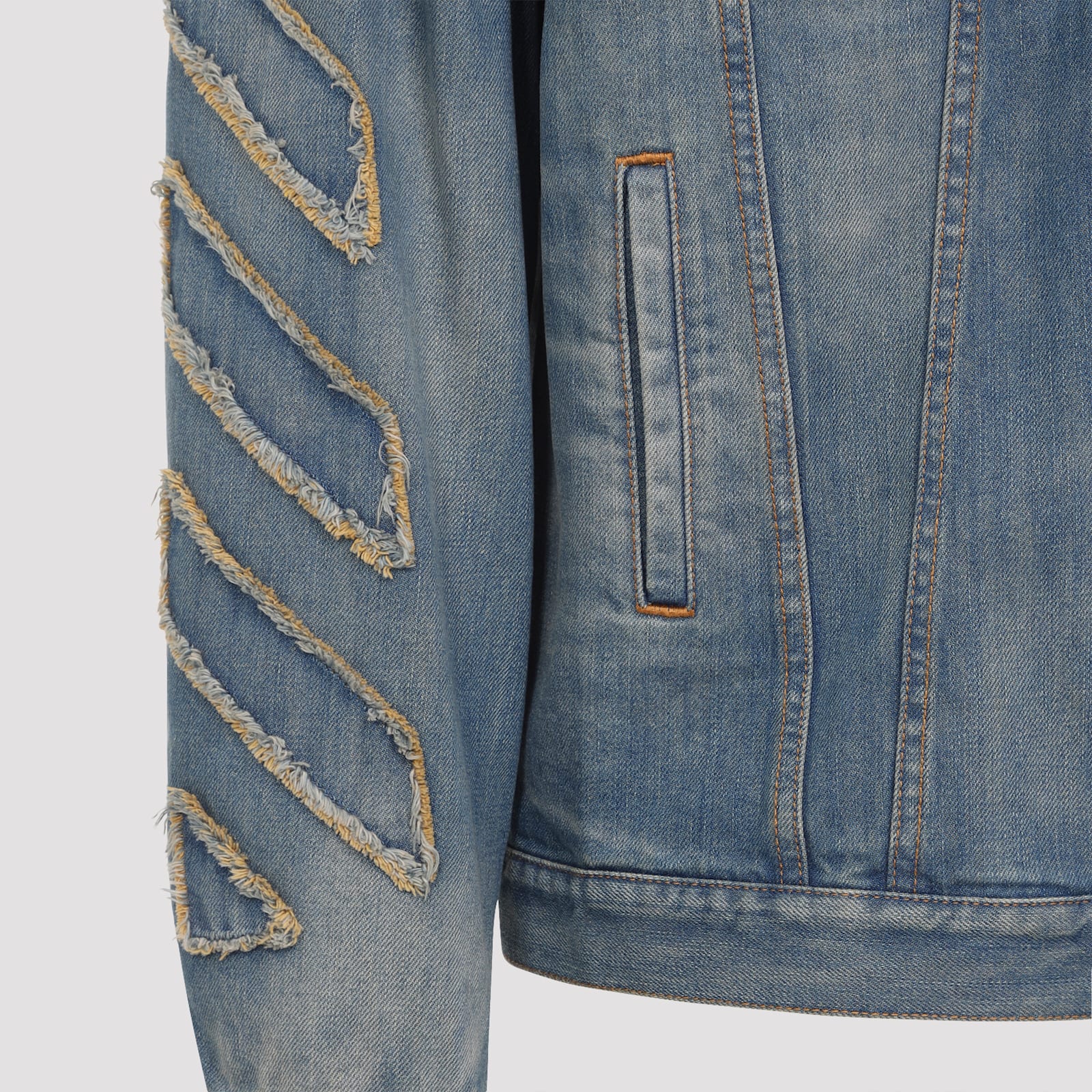 Off-white Denim Jacket With Frayed Diagonal Stripes In Blue