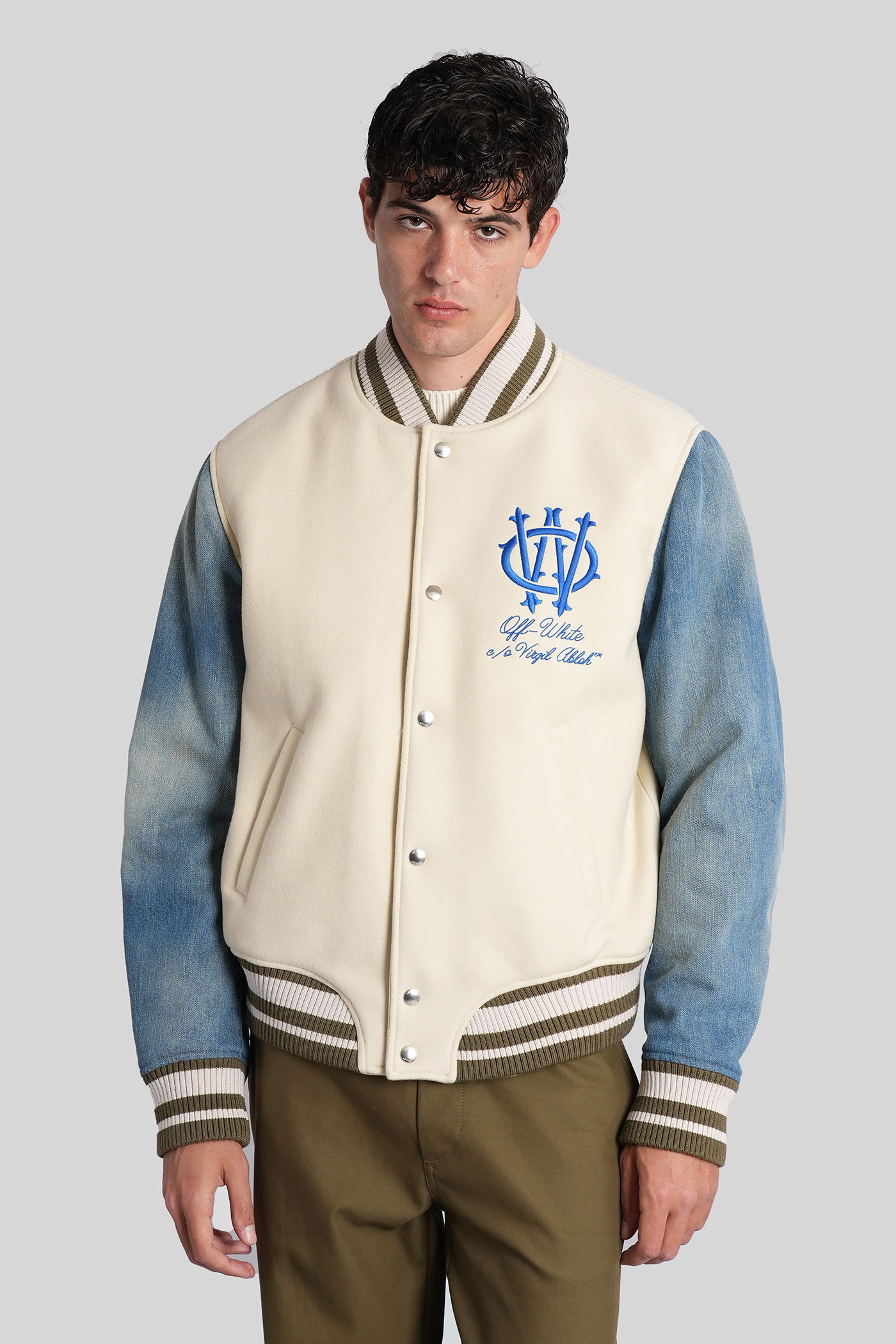 Off-white Ivory Bomber Jacket With Denim Sleeves In Neutral
