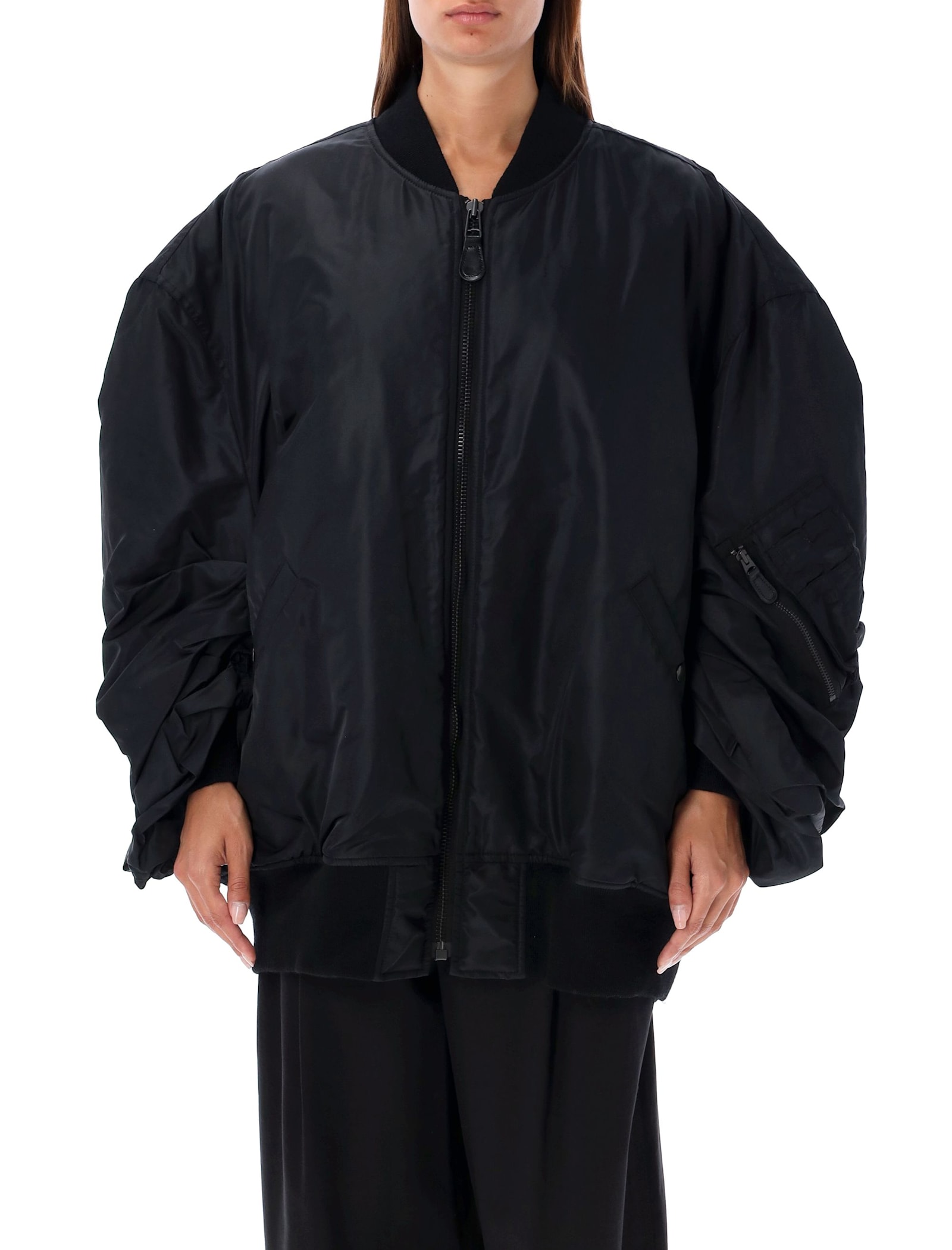 Oversized Bomber Jacket With Ruched Sleeves