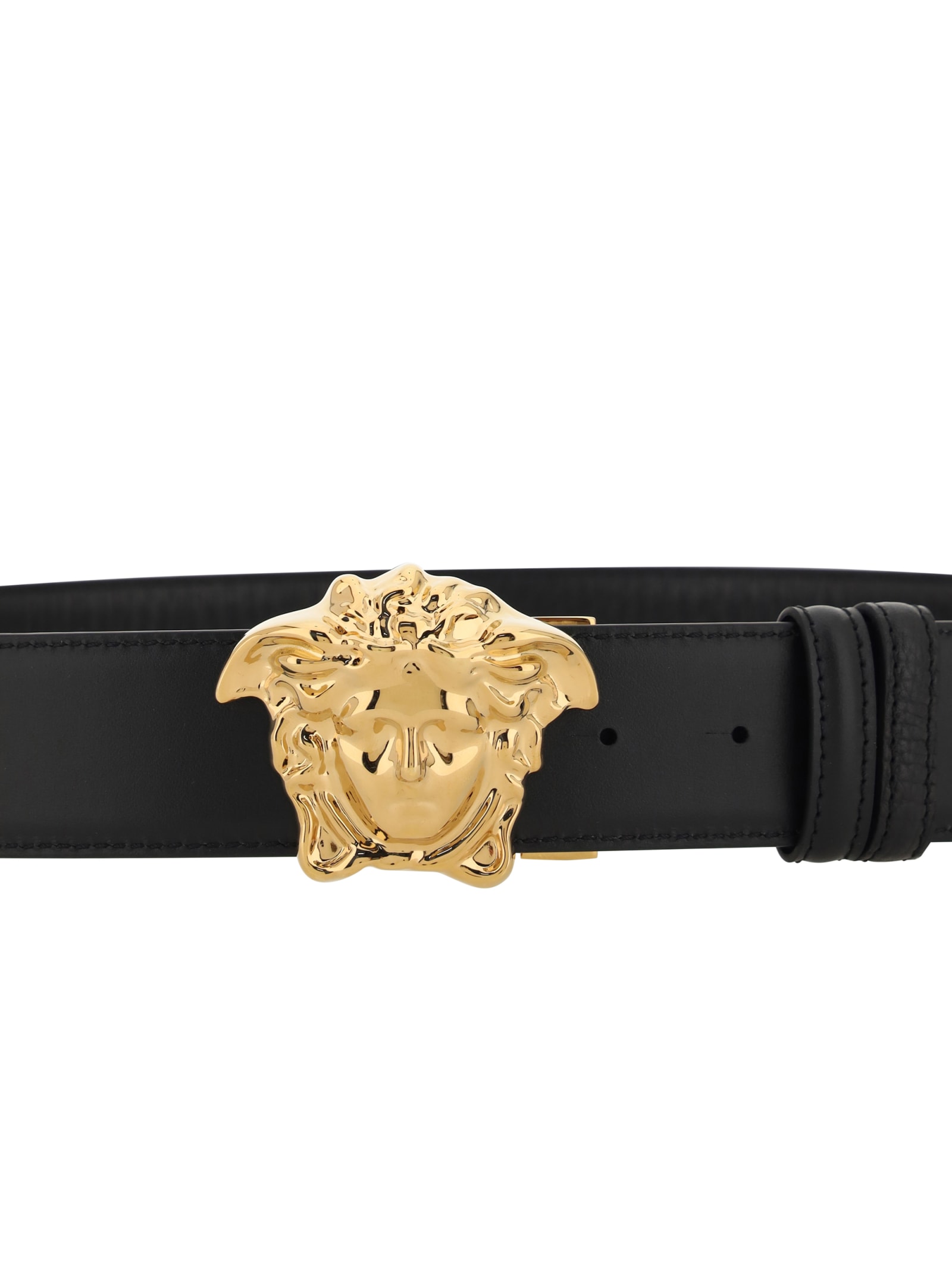 Versace La Medusa Leather Belt Man Belt Black Size 39.5 Calfskin In Nero-oro