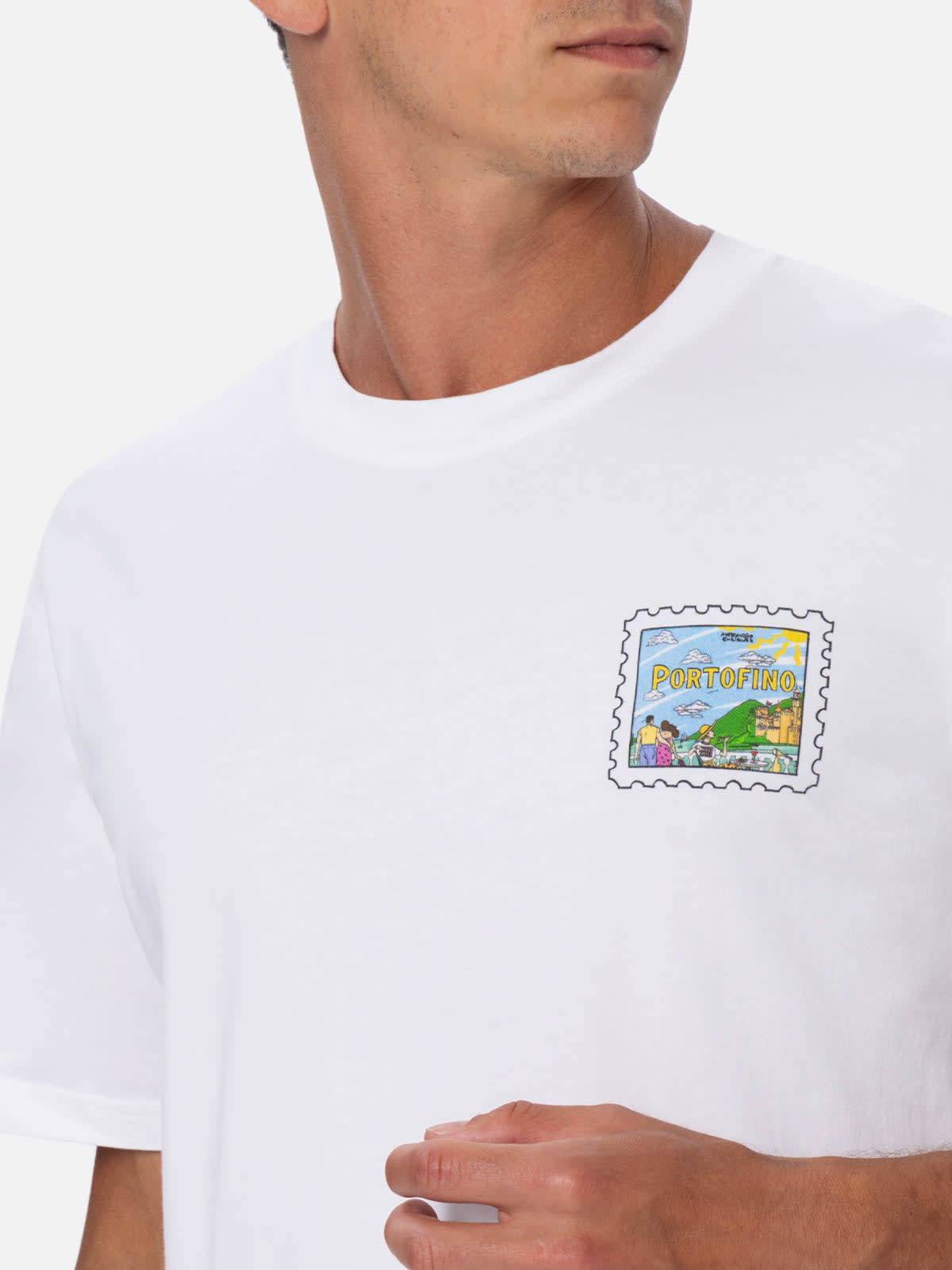 Mc2 Saint Barth Man Cotton T-shirt With Portofino Postcard Front And Back Print Alessandro Enriquez Special Edition In White