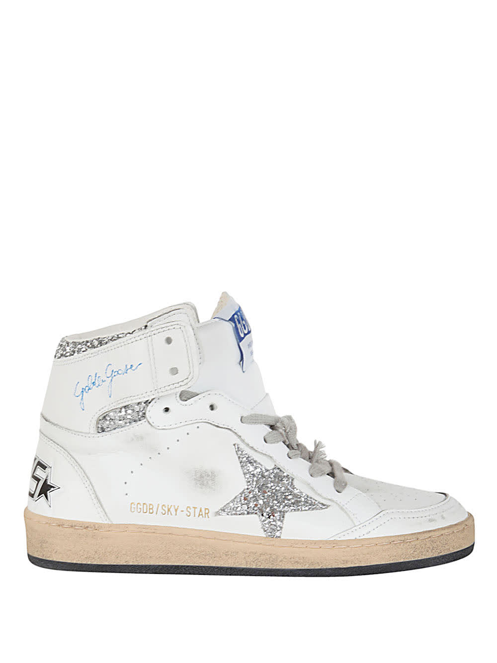 Golden Goose Sky Star Nappa Upper With Serigraph Glitter Star And Ankle In White Silver