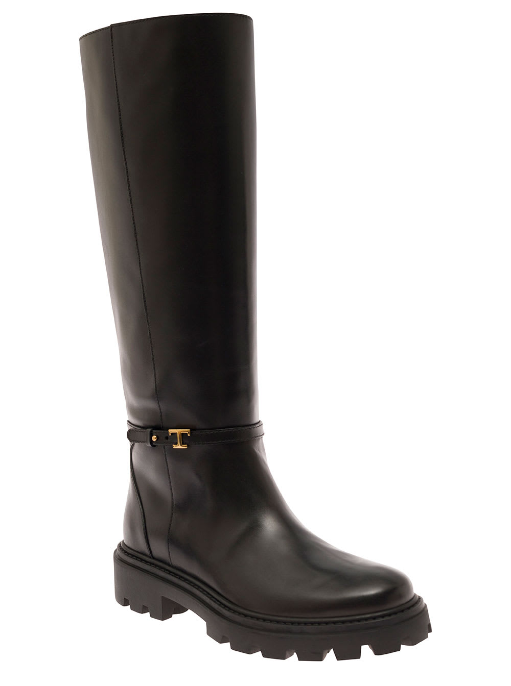 Shop Tod's Black Knee Boots With Logo Detail And Chunky Platform In Leather Woman