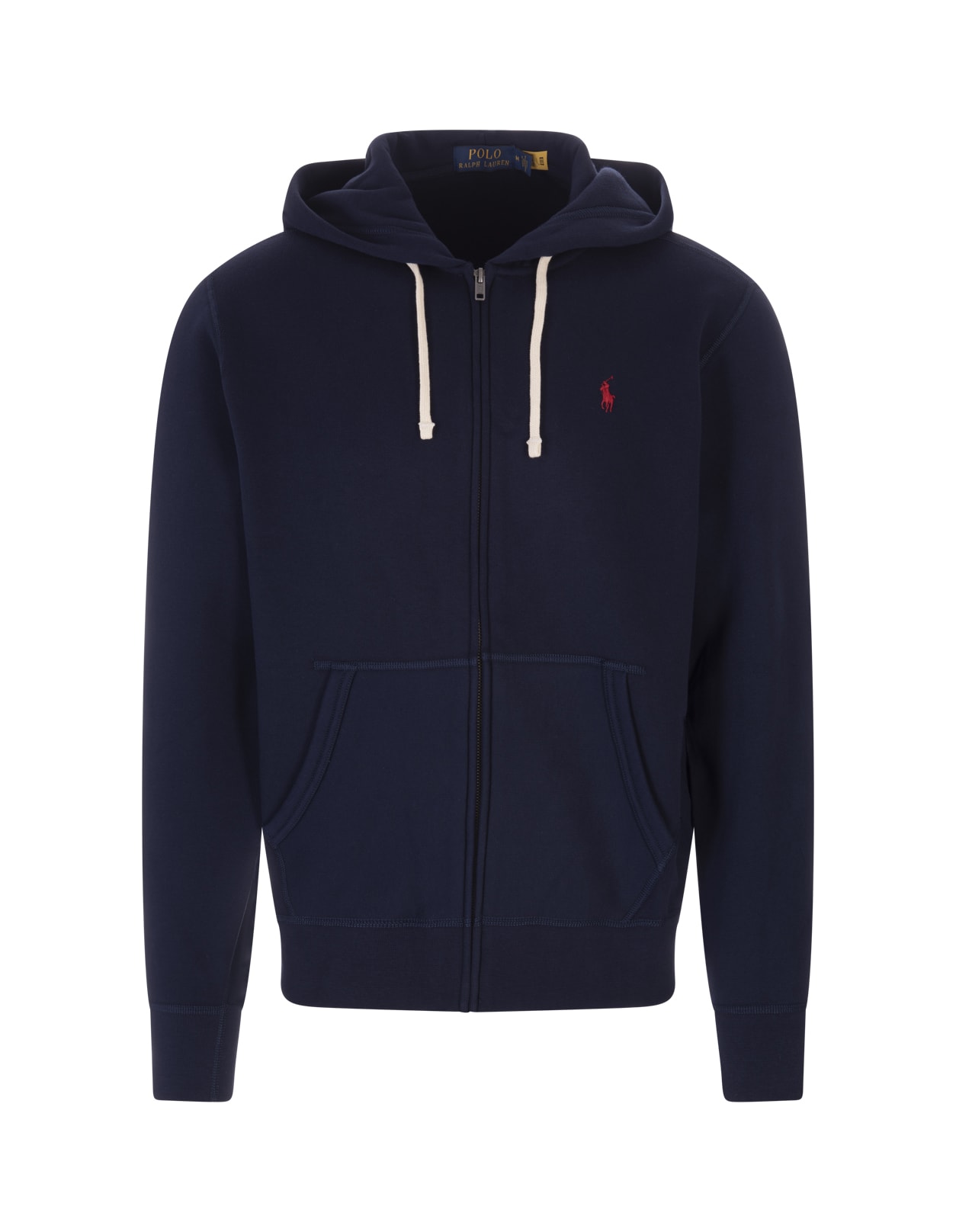 Ralph Lauren Man Night Blue Zipped Hoodie With Red Pony And White Drawstring