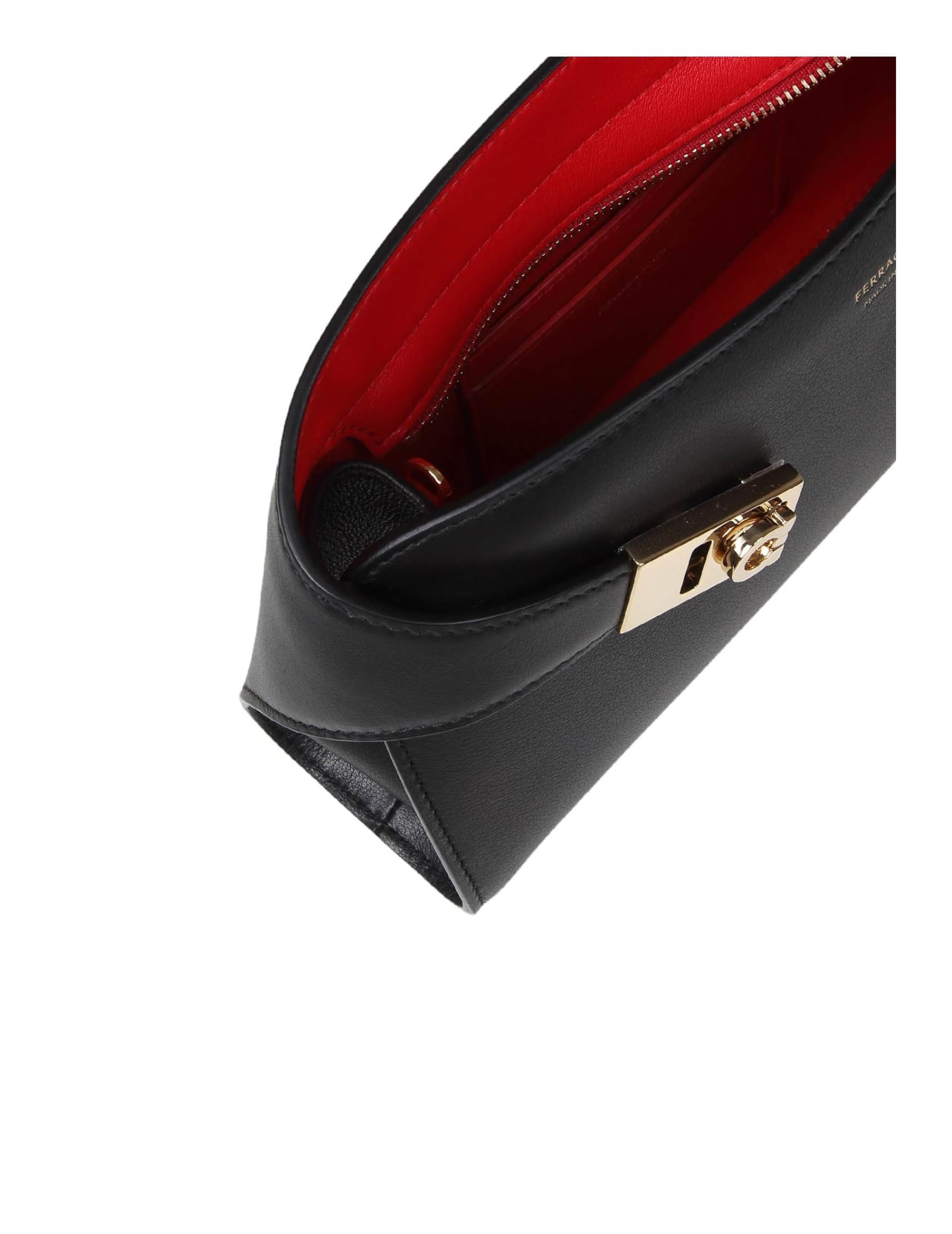 Shop Ferragamo Hug Clutch In Black Leather In Black/red