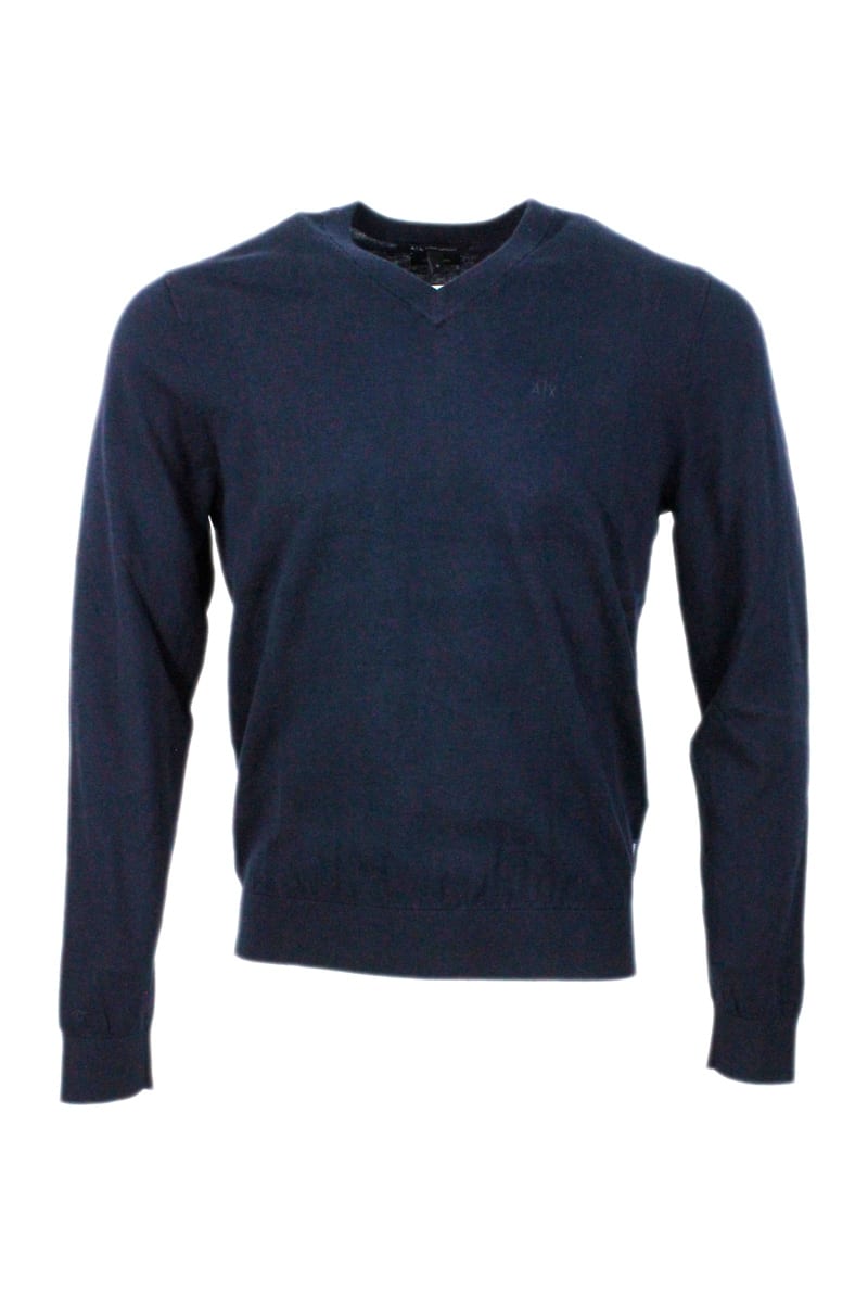 Armani Collezioni Long-sleeved V-neck Sweater In Cotton And Cashmere With Contrasting Color Profiles On The Cuffs And Hem