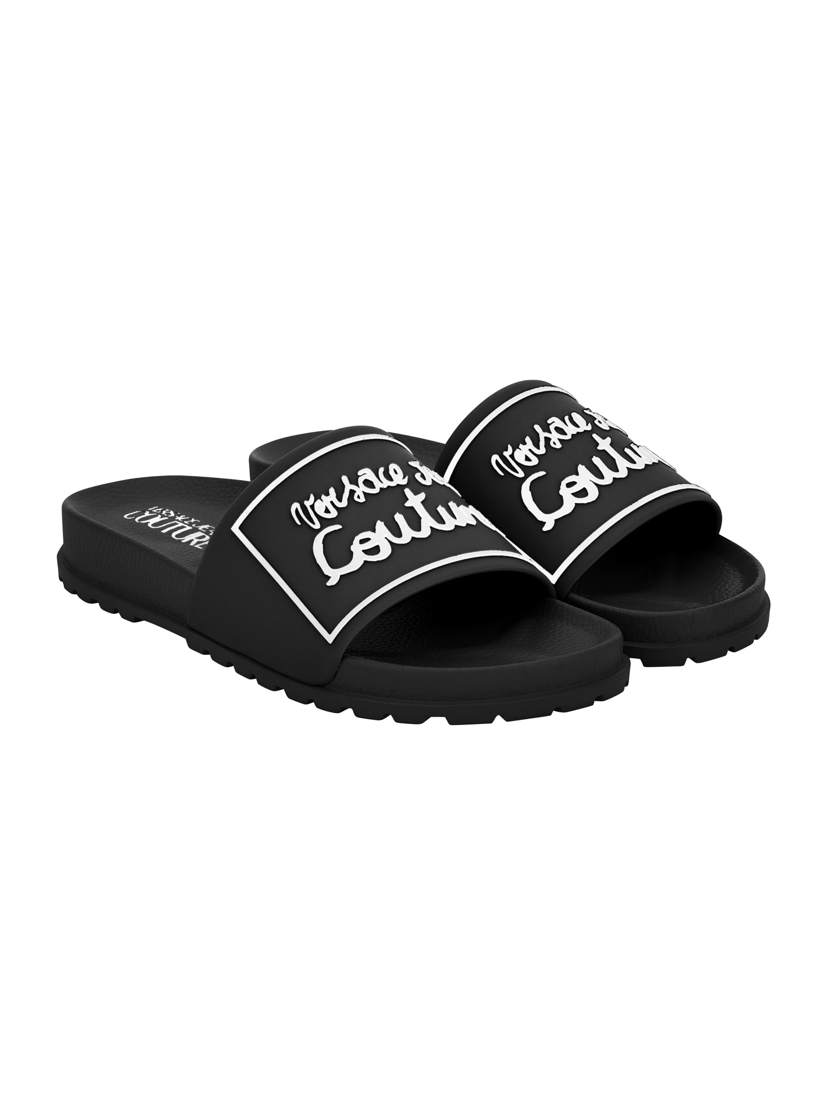 Versace Jeans Couture Black Logo Shelly Pool Slides In Black