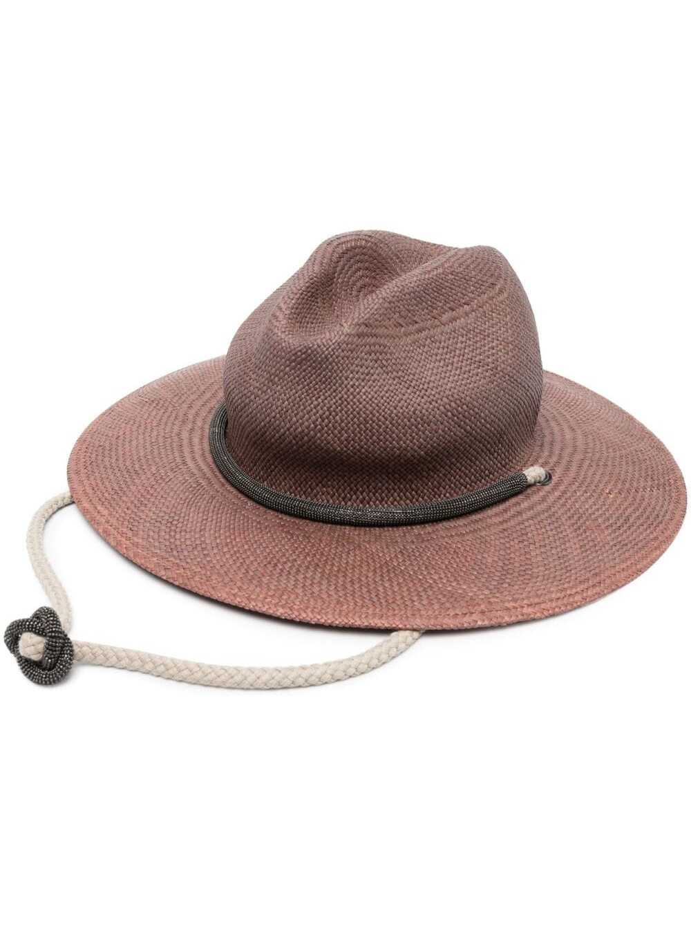 Brunello Cucinelli Brown Fedora Hat With Linen And Monili Rope String In Straw Woman ModeSens