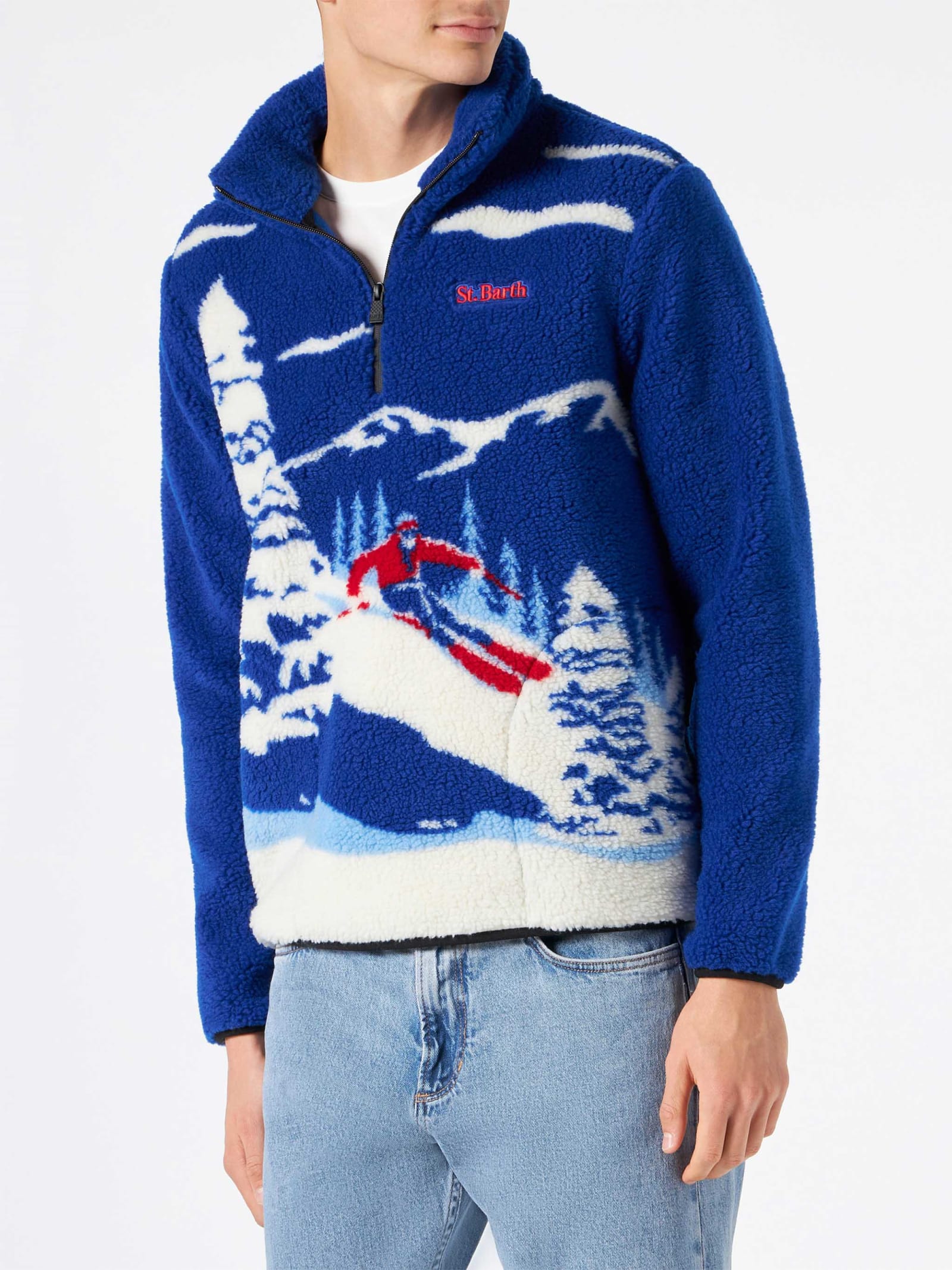 Shop Mc2 Saint Barth Man Sherpa Fleece Jacket With Mountain Pattern