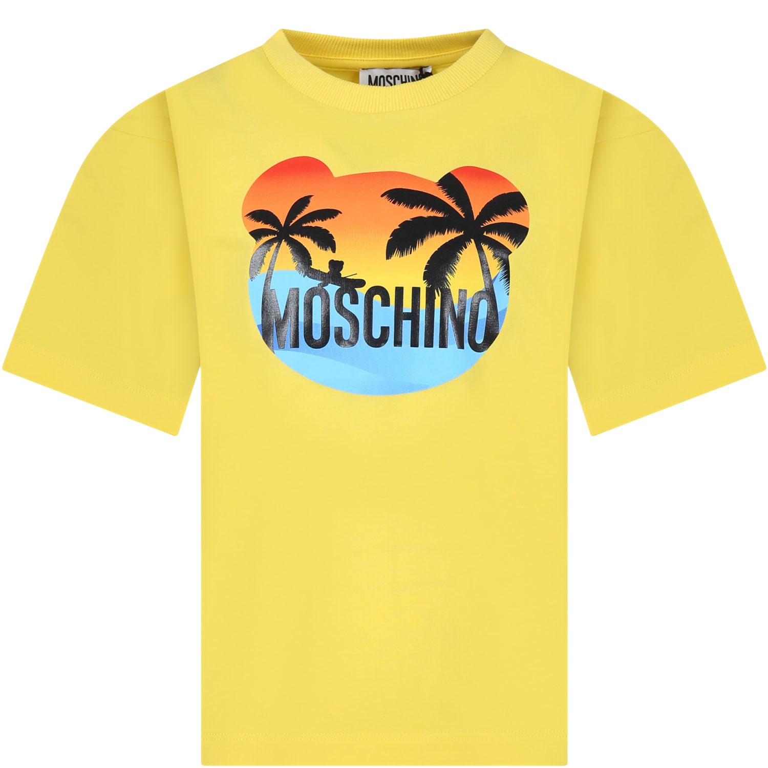 Moschino Yellow T-shirt For Kids With Multicolor Print And Logo