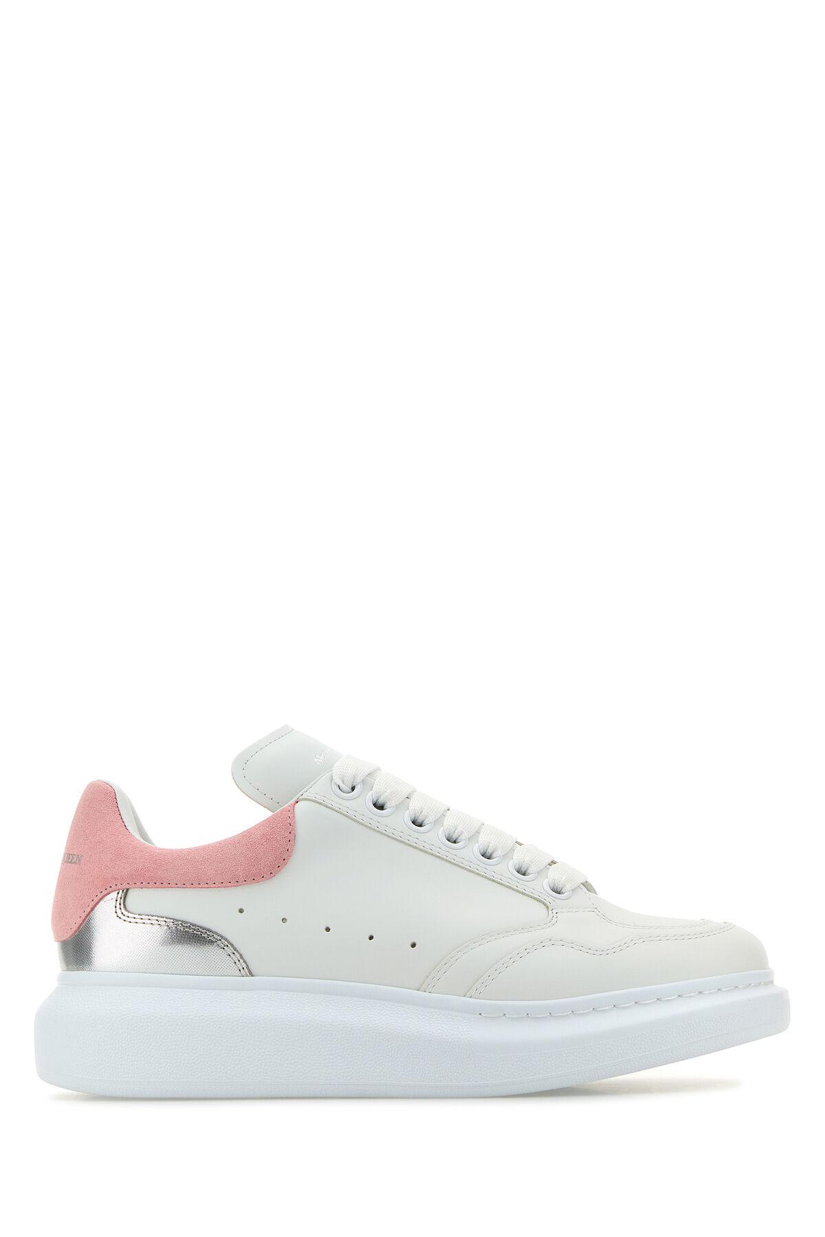 White Leather Sneakers With Pink Suede Heel